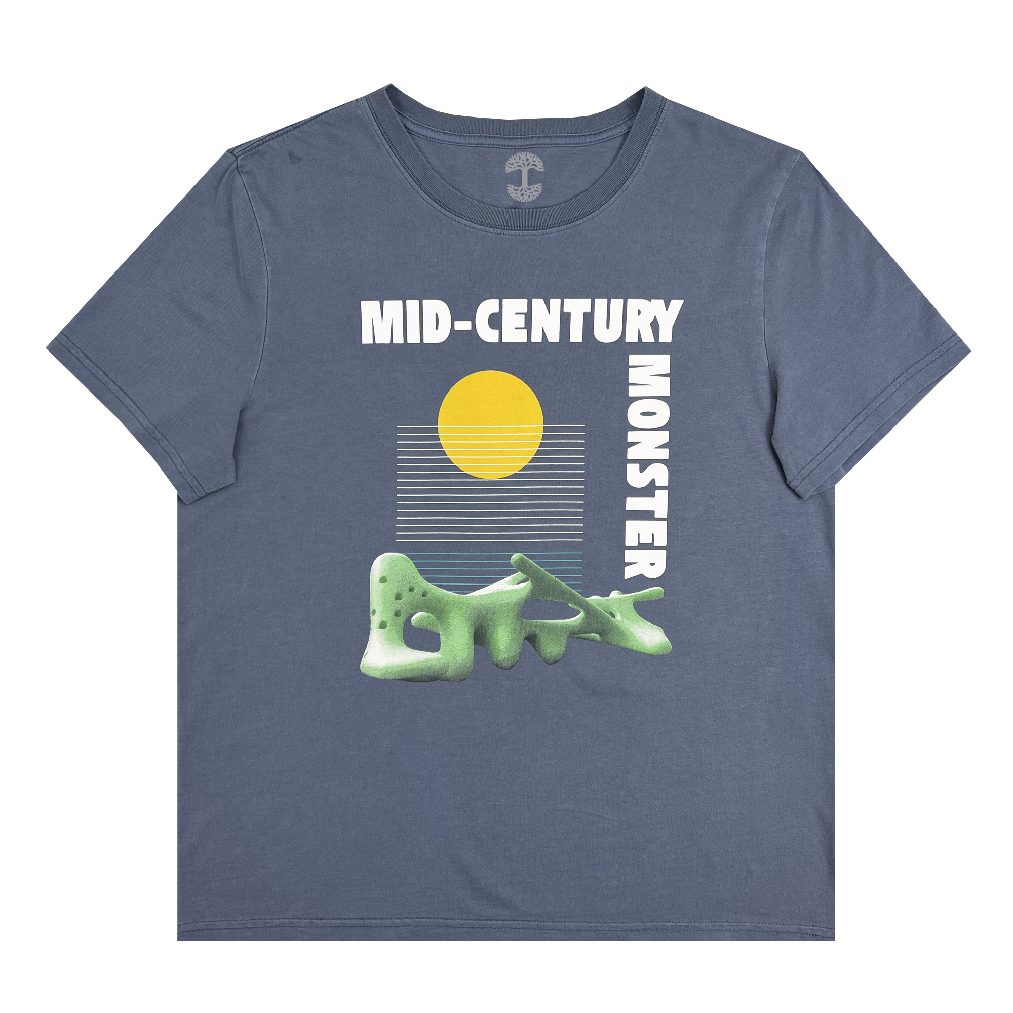 Faded blue women’s t-shirt with the mid-century monster graphic from Oaklands Marci Iron Works on the front chest.