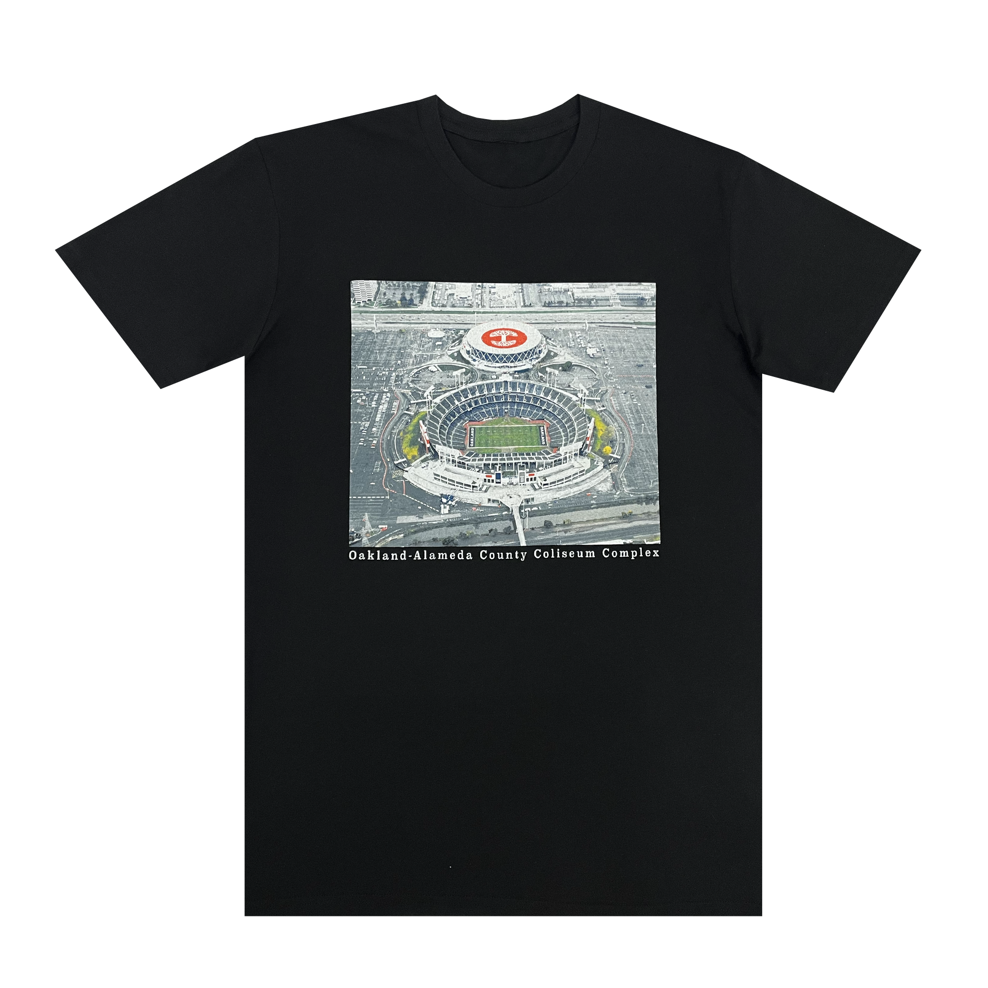 Black t-shirt with a picture of the Oakland Alameda County Coliseum Complex on front chest.