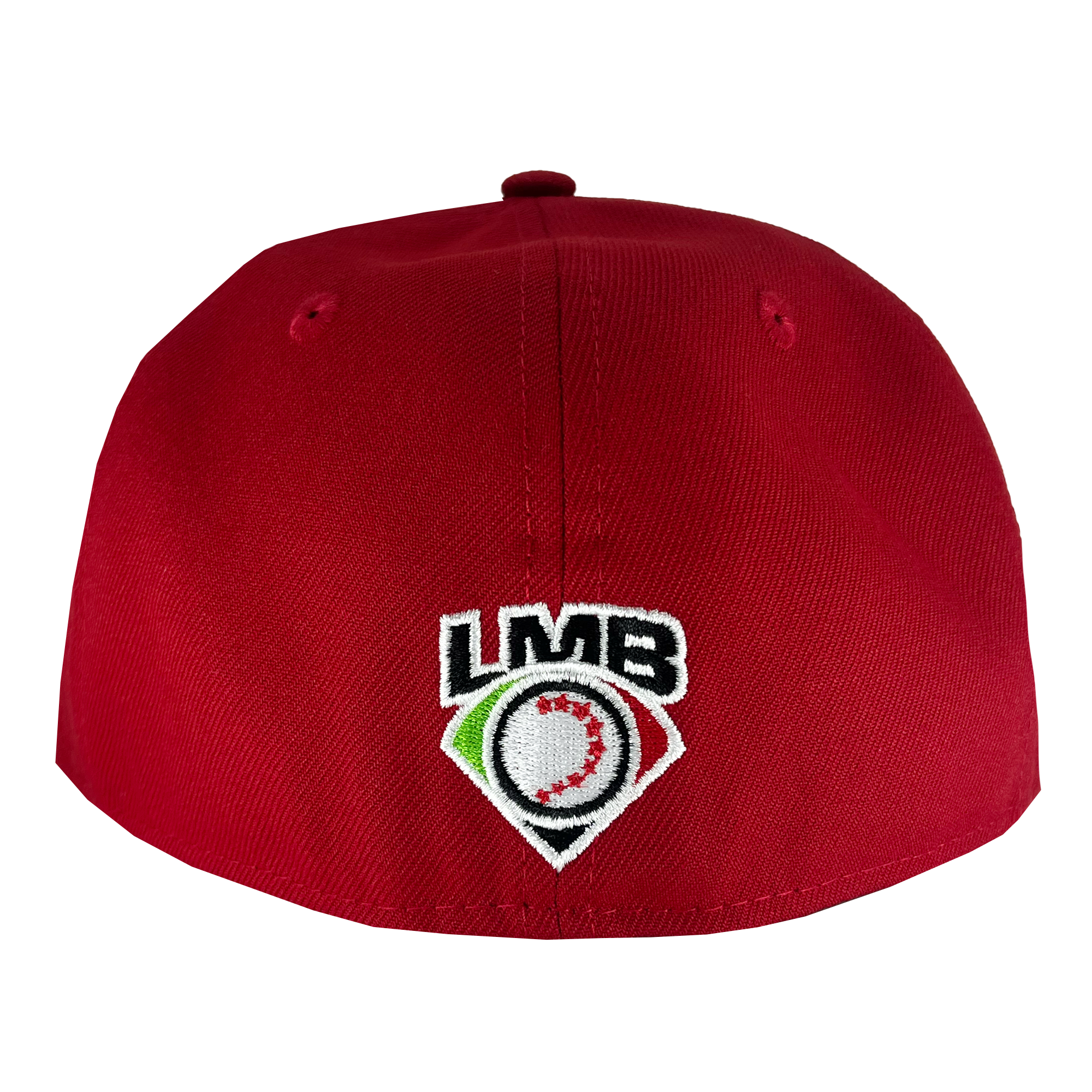 Back view of red New Era 59fifty fitted hat with LMB embroidered logo.