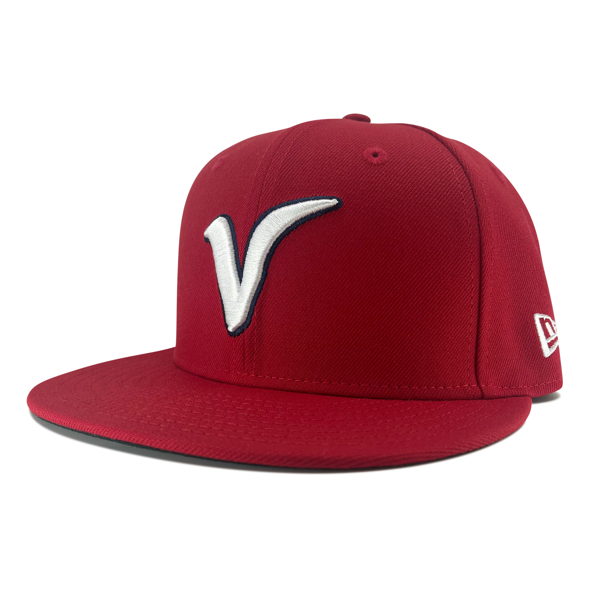 Side view of red New Era 59fifty fitted hat with Away El Aguila logo , red bill, and New Era Flag logo.