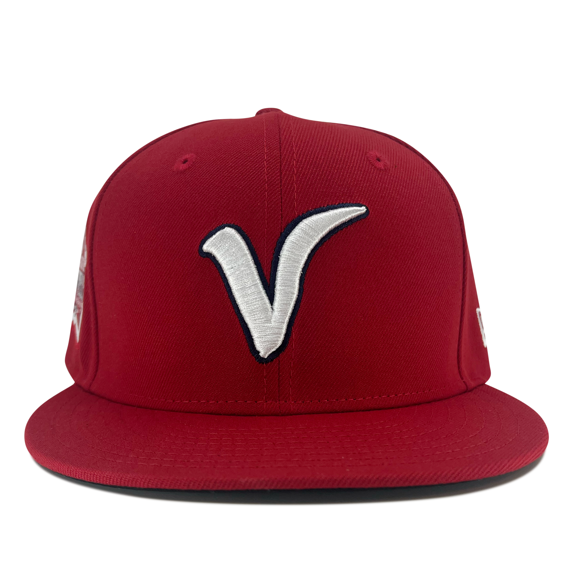 Front view of red New Era 59fifty fitted hat with El Aguila logo and red bill.