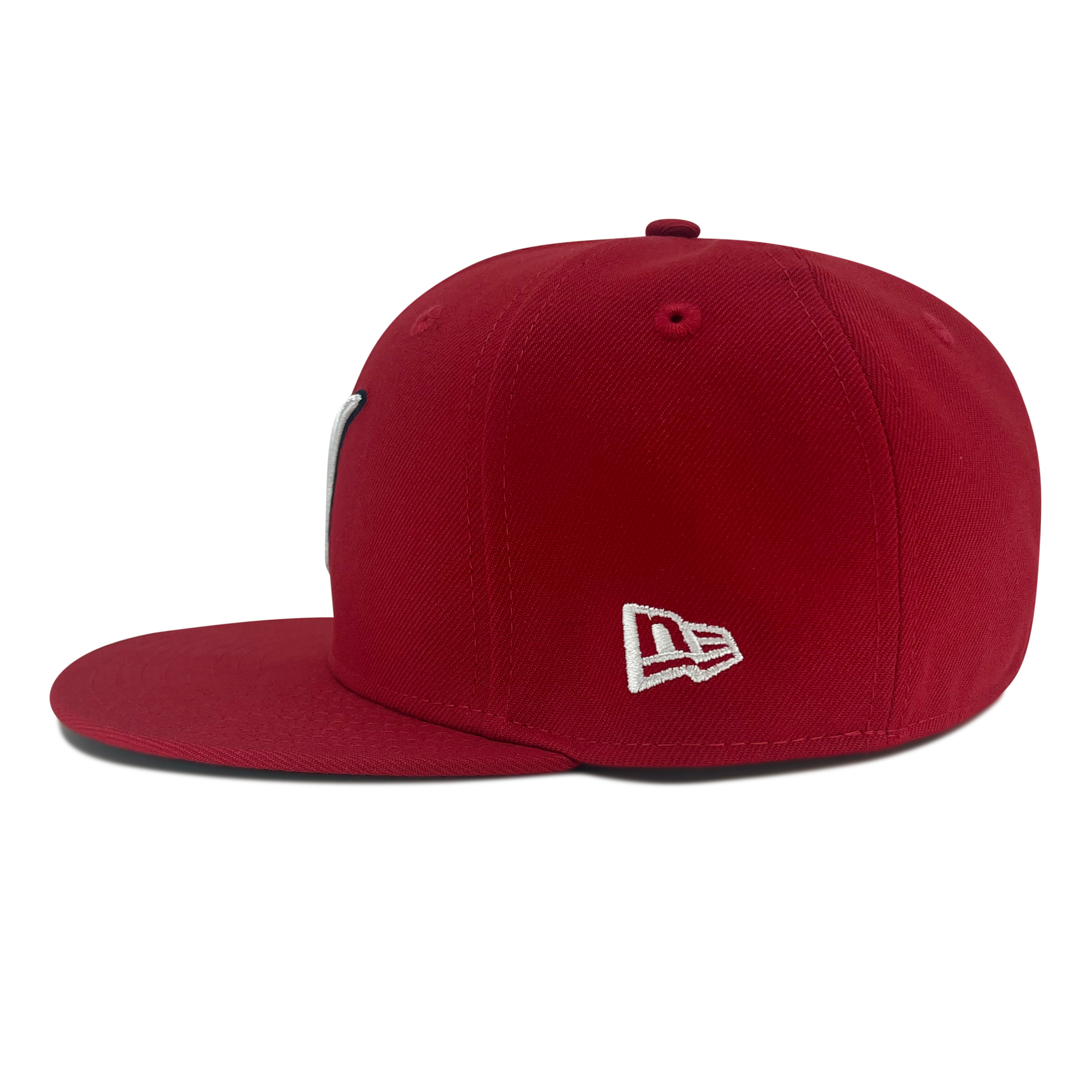 Left side view of red New Era 59fifty fitted hat with LMB embroidered logo.