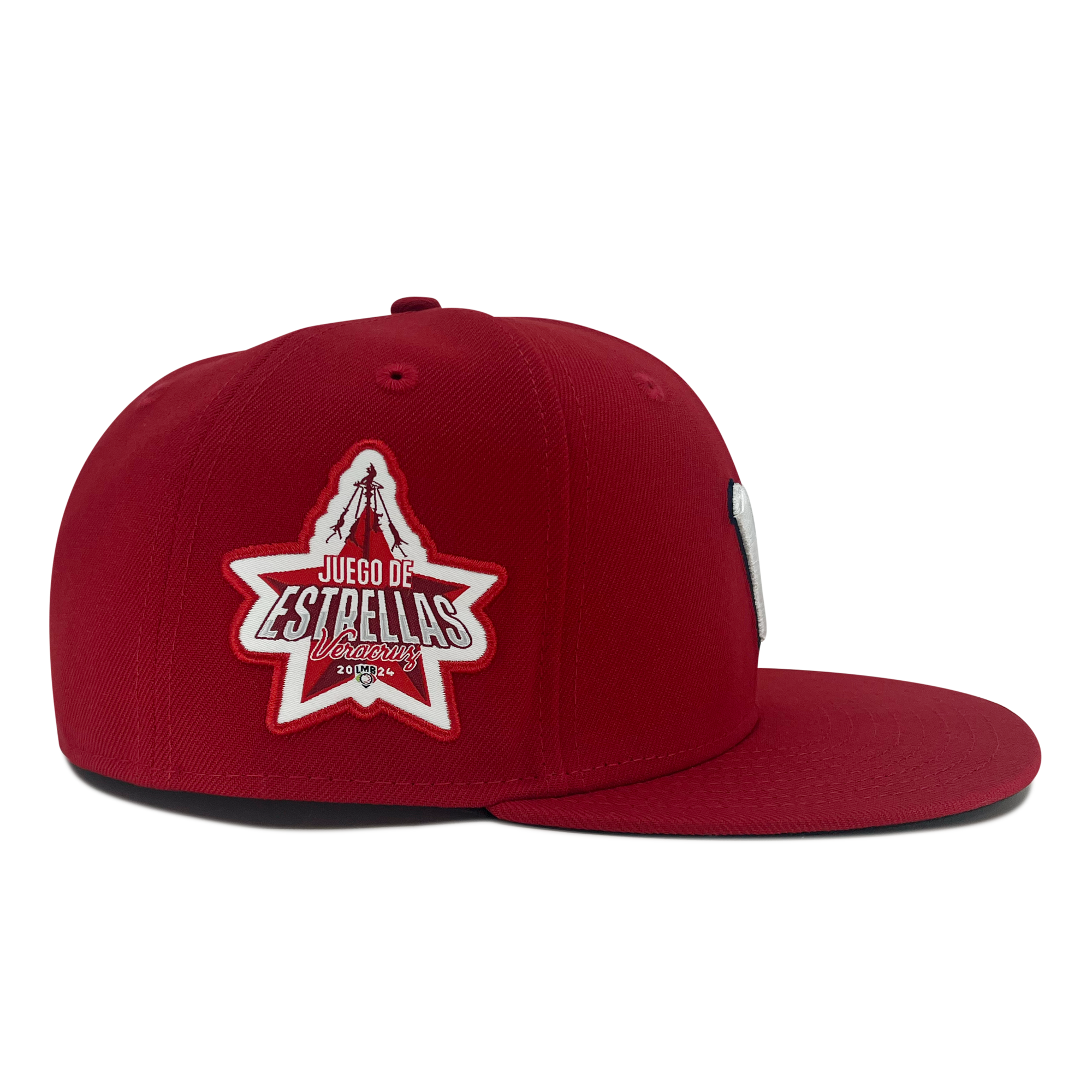 Right side view of red New Era 59fifty fitted hat with Away El Aguila logo and Juego de Estrellas Veracruz LMB patch.