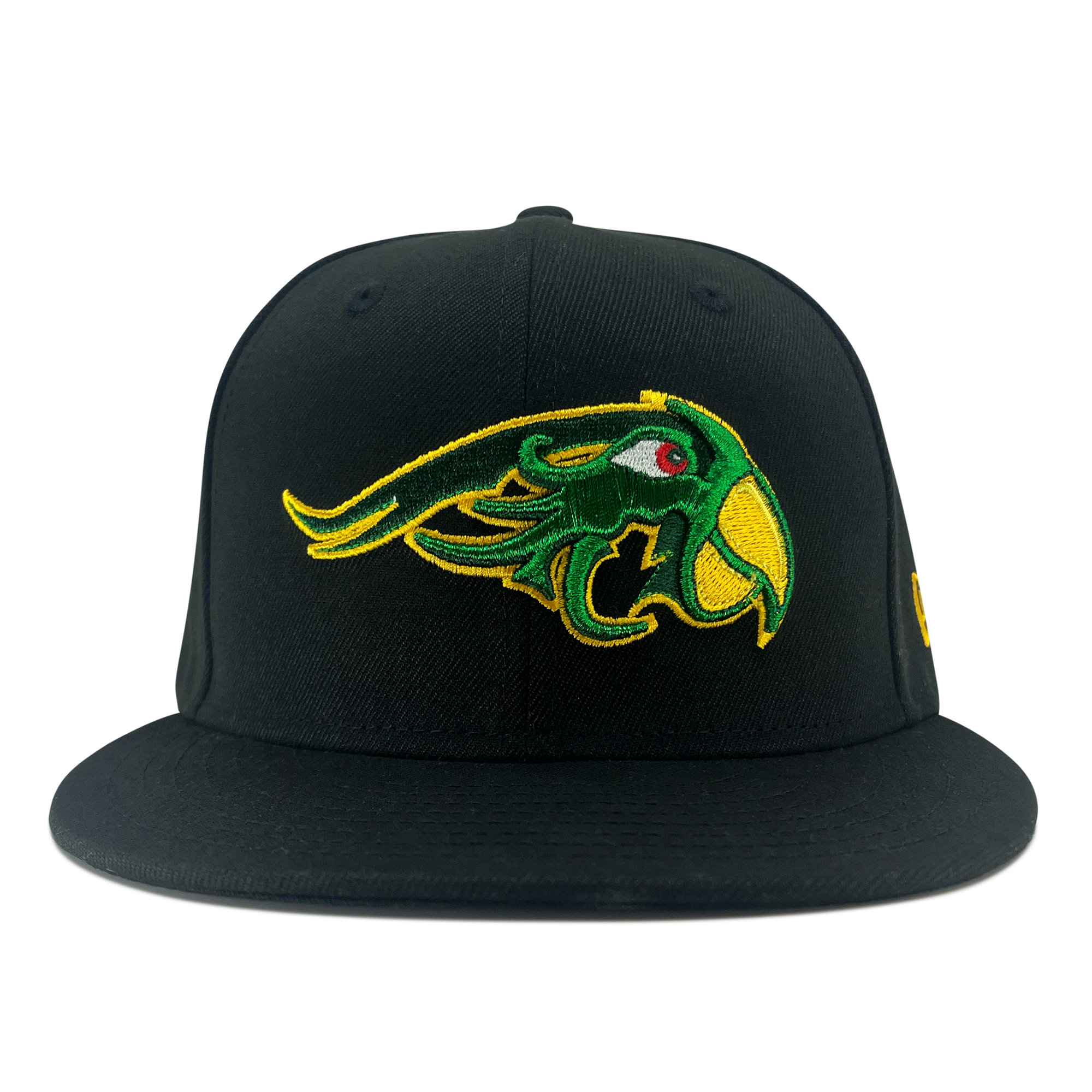 The New Era Pericos ALT 59FIFTY Cap from Retail Vendors is a sleek black fitted cap featuring an eye-catching embroidered logo of a vivid green, yellow, and red parrot with a fierce expression and open beak on the front panel. This stylish cap also includes a flat brim and a small, yellow logo on the side.