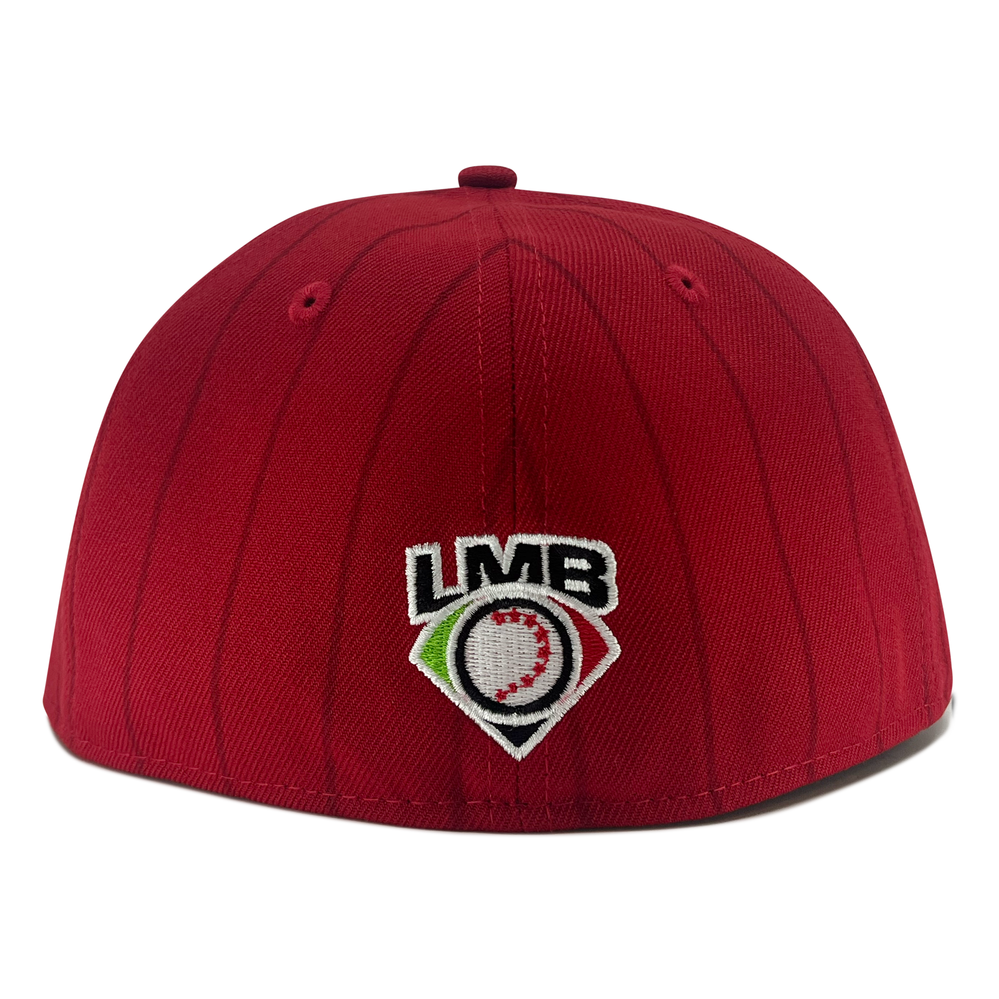 The New Era Diablos Pinstripe 59FIFTY Cap by Retail Vendors is a red fitted cap featuring the "LMB" logo embroidered in white, black, and green on the back. The logo showcases a green and red outline of a baseball inside a diamond shape. Made from 100% polyester by New Era, this cap includes stitching lines running from the top center towards the brim.