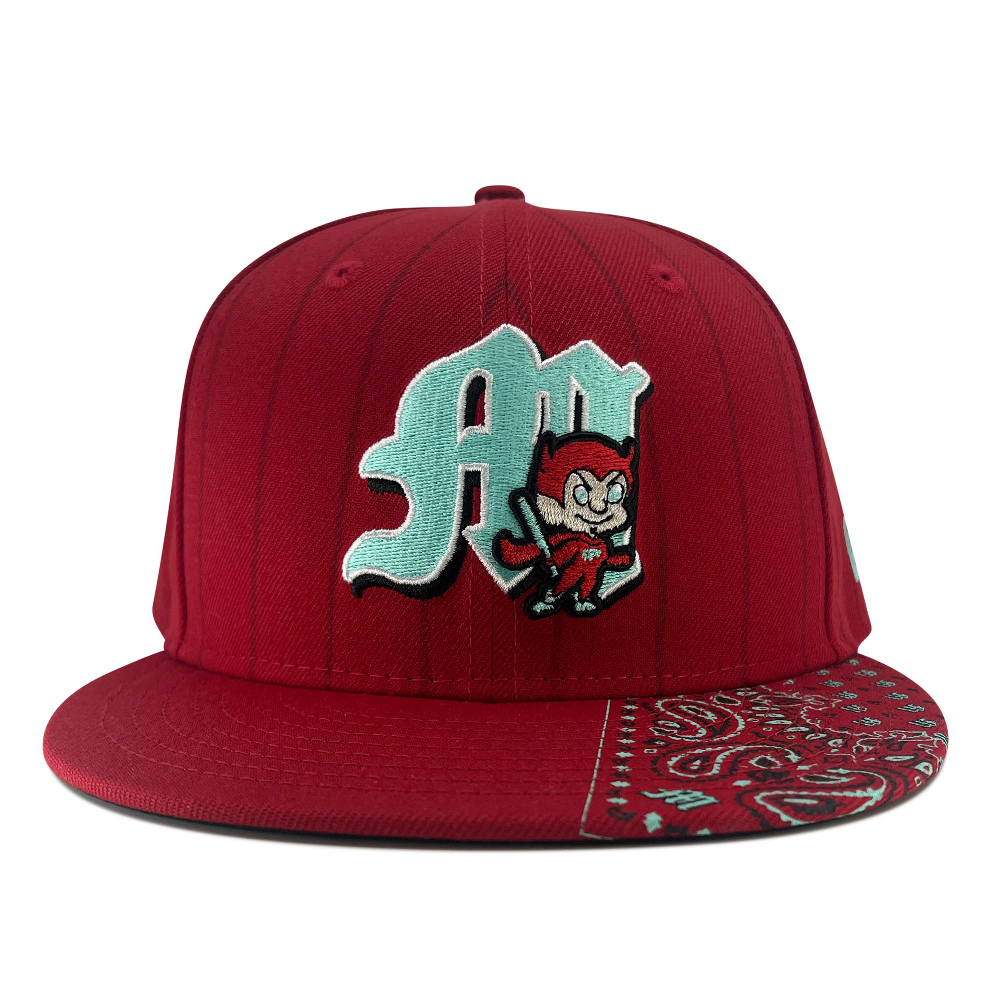 The New Era Diablos Pinstripe 59FIFTY Cap by Retail Vendors is a stunning fitted cap in red, featuring a light blue "A" and an embroidered cartoon devil complete with horns, tail, and pitchfork. The brim’s bottom right corner showcases a teal and white paisley bandana pattern, all against a plain white background. Made from 100% polyester, this cap embodies crisp and dynamic design elements.