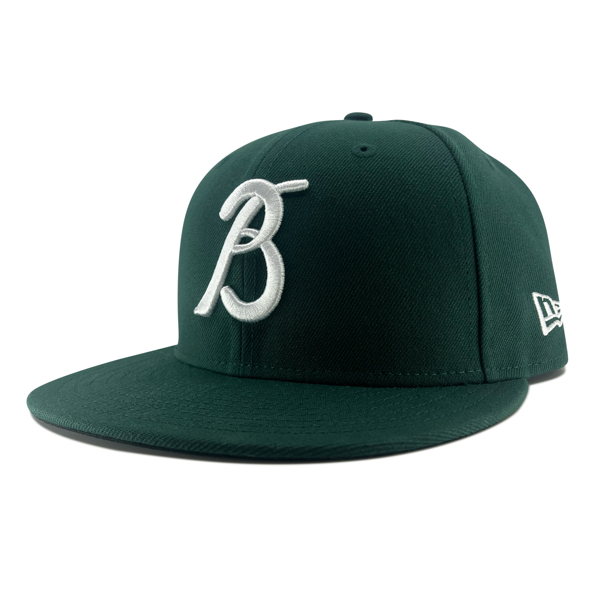 Side view of forest green 59fifty fitted hat with Los Bravos logo and new era flag on the left wear side.