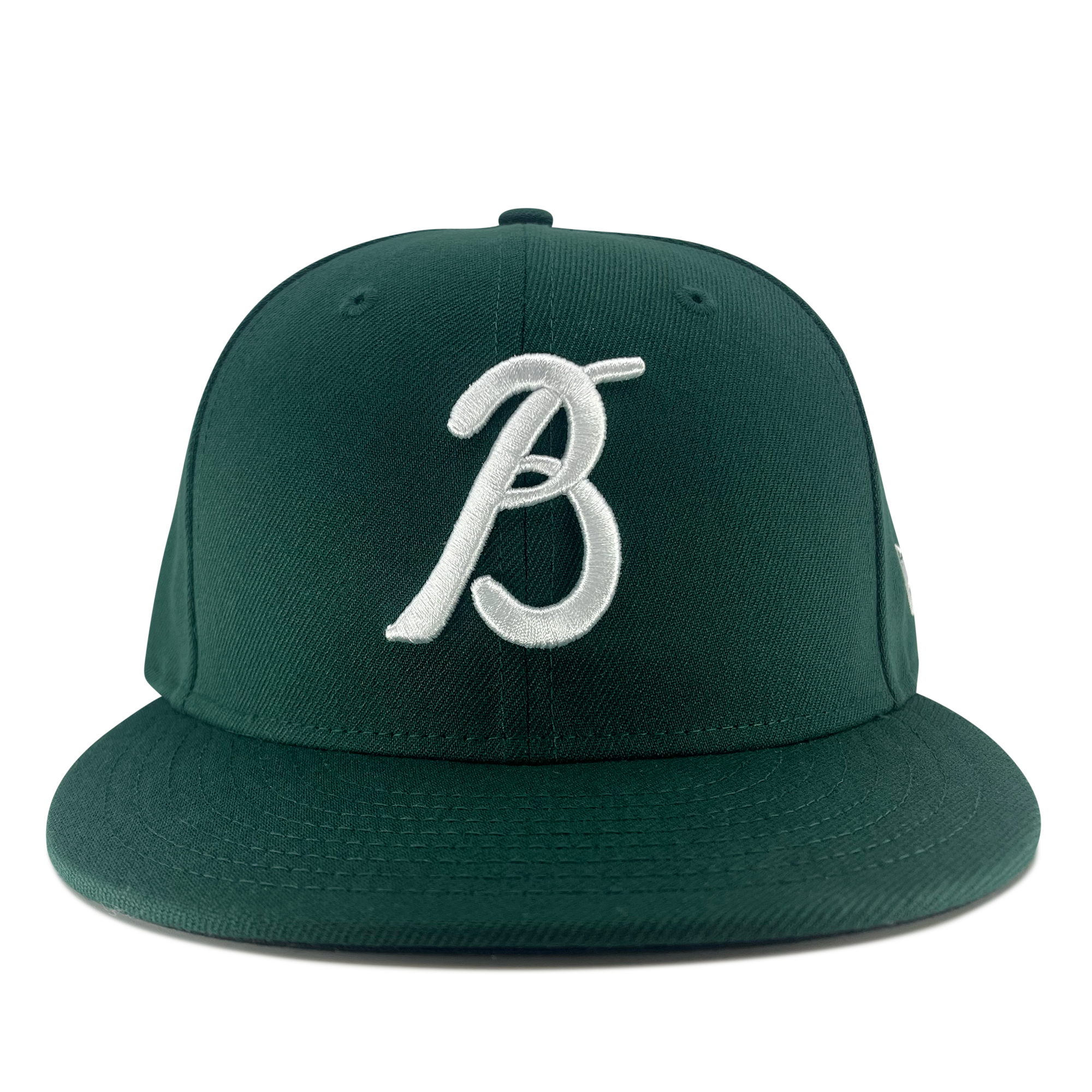 Front view of forest green 59fifty fitted hat with embroidered Los Bravos logo.