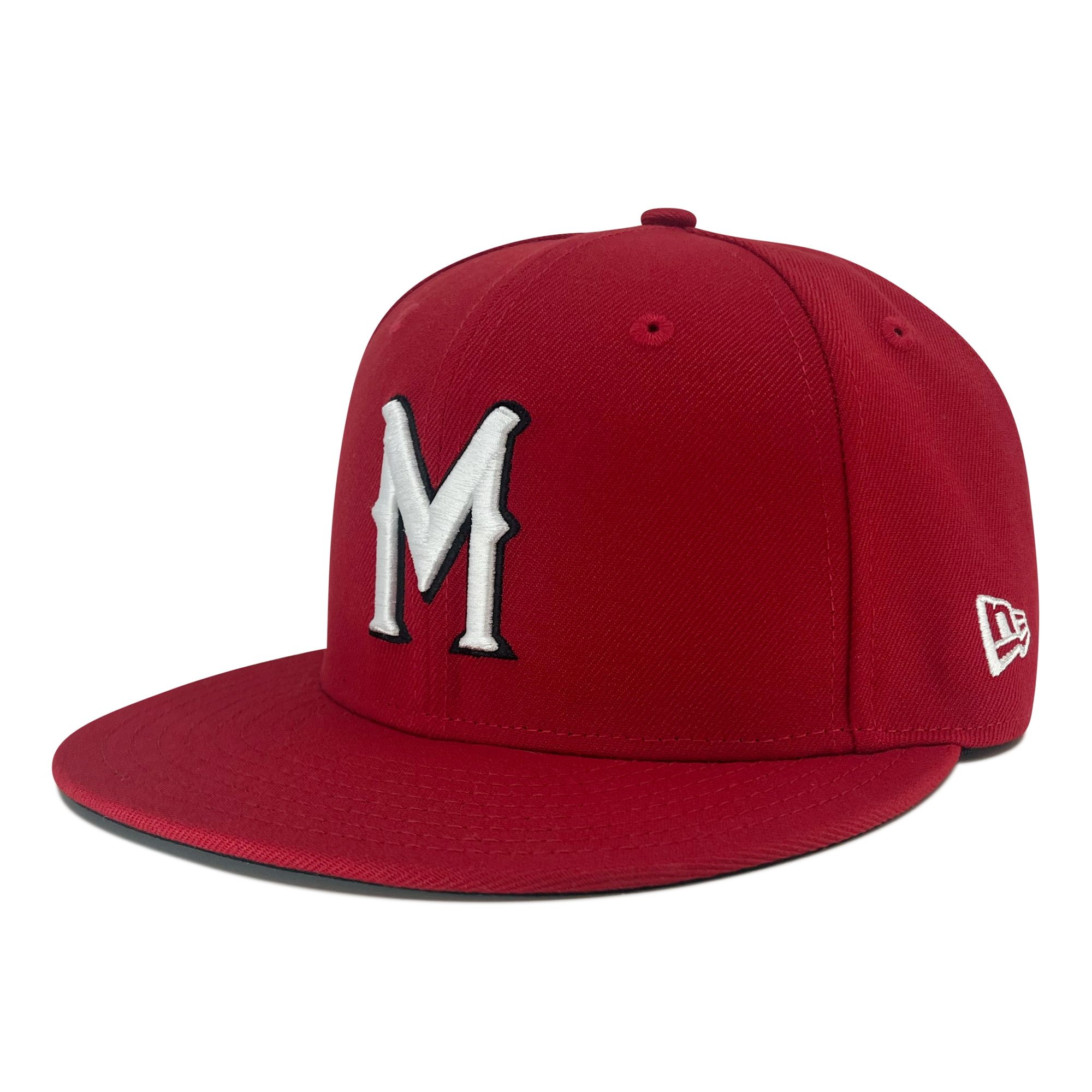Side view of red 59fifty fitted hat with Diablos logo in white embroidery and new era flag on the left wear side.