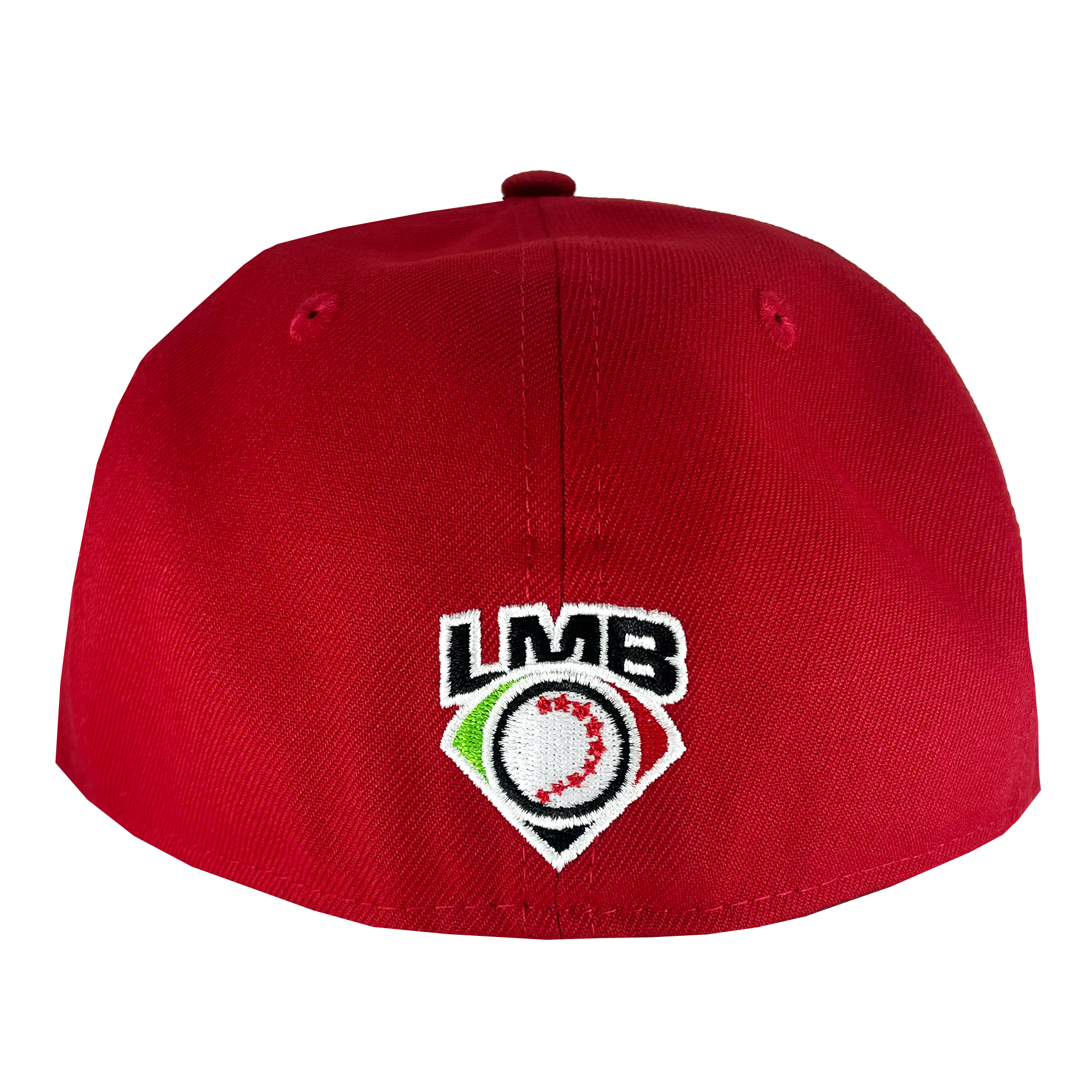 Back view of red Diablos 59fifty fitted hat with LMB embroidered logo..