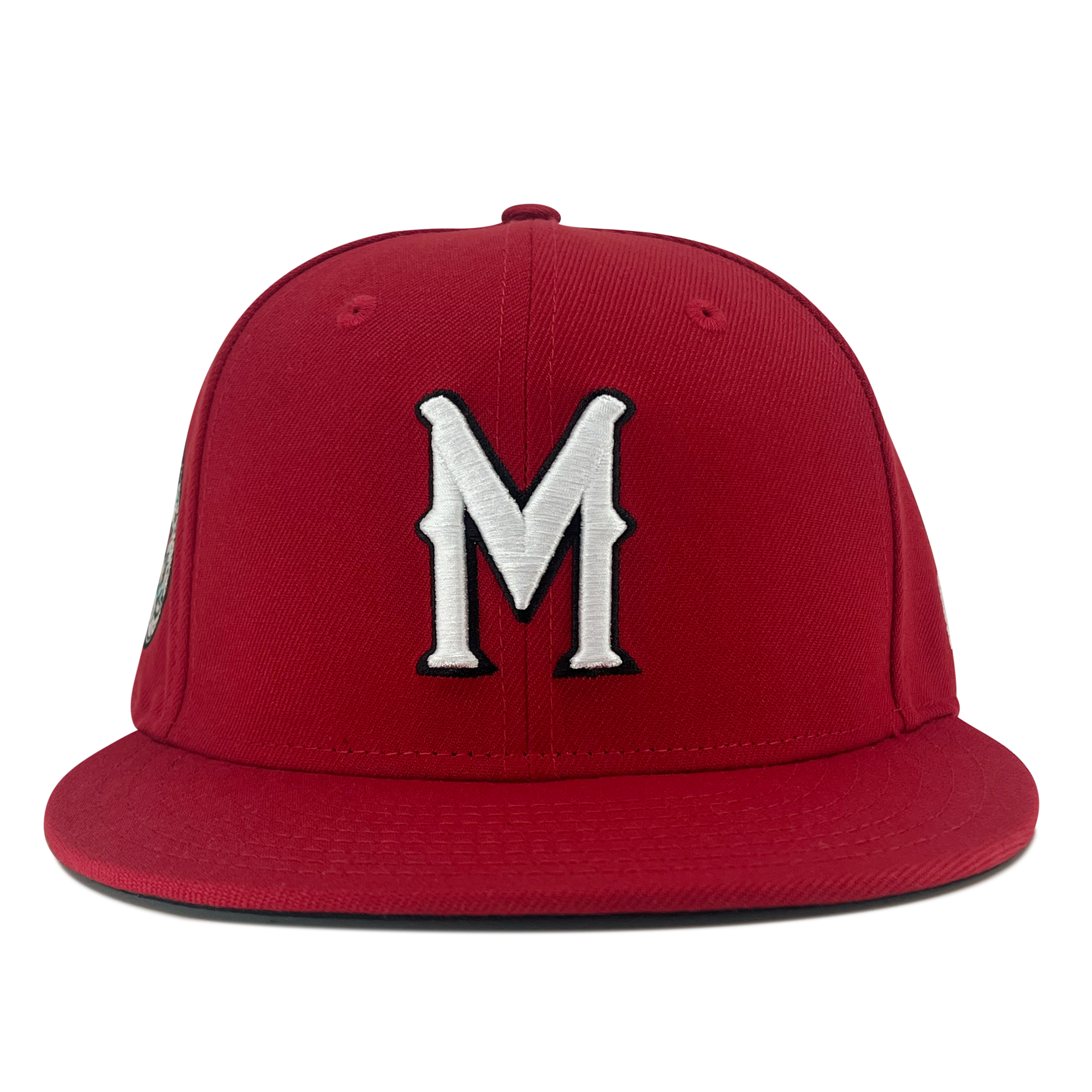 Front view of red 59fifty fitted hat with Diablos logo in white embroidery.