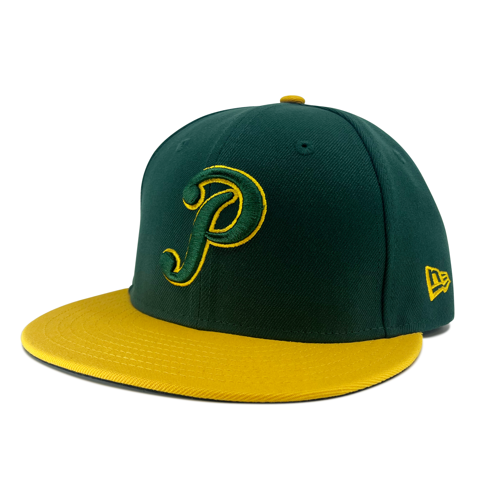 A green, fitted New Era Pericos Home 59FIFTY cap with a yellow brim featuring a stylized letter "P" embroidered on the front in yellow. The side of the Retail Vendors hat sports a small yellow logo. The cap is displayed against a plain white background.