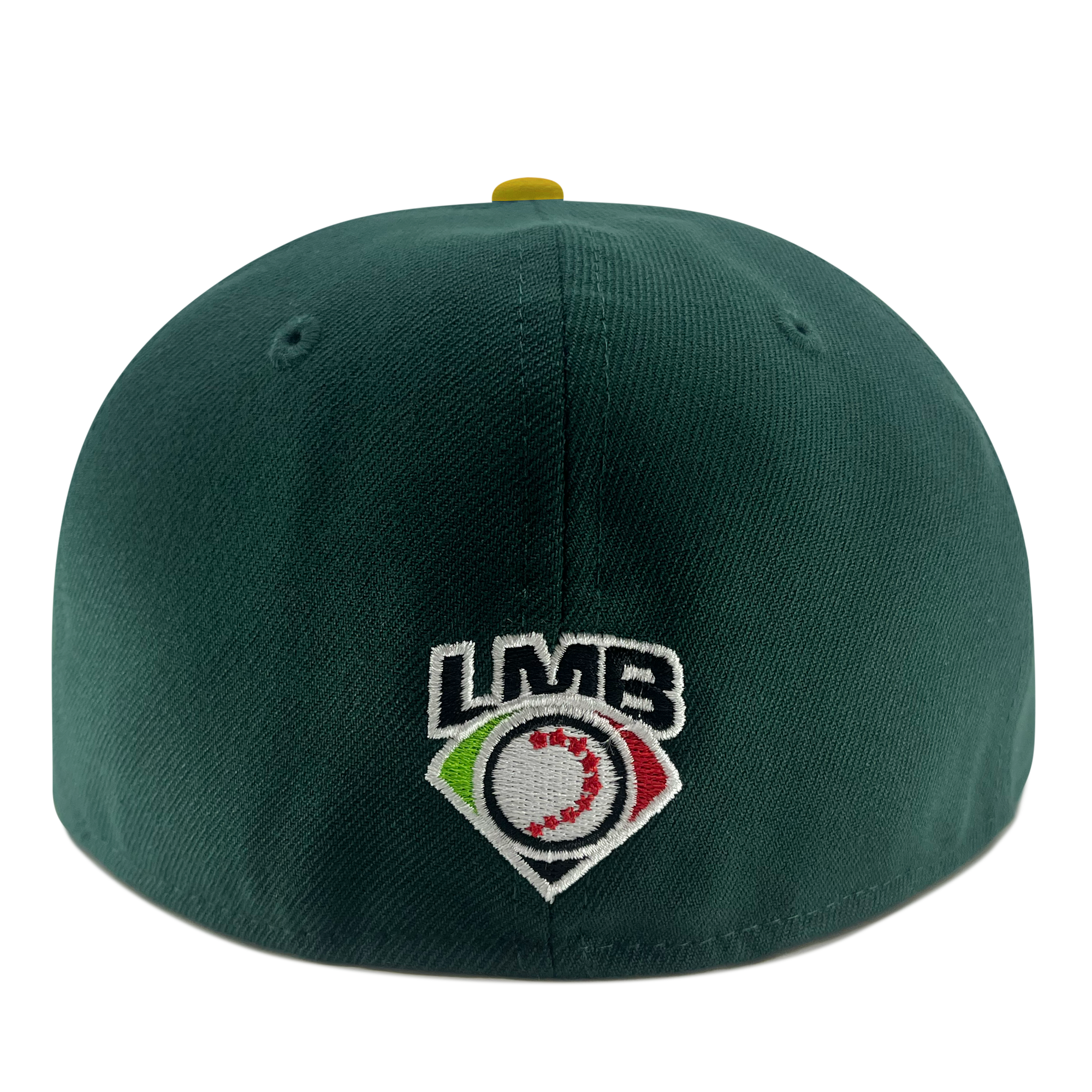 The New Era Pericos Home 59FIFTY Cap, available from Retail Vendors, is displayed from the back, showcasing the Mexican Baseball League (LMB) logo embroidered in white, red, and green. This fitted green cap features a yellow button on top and small ventilation holes for added comfort.