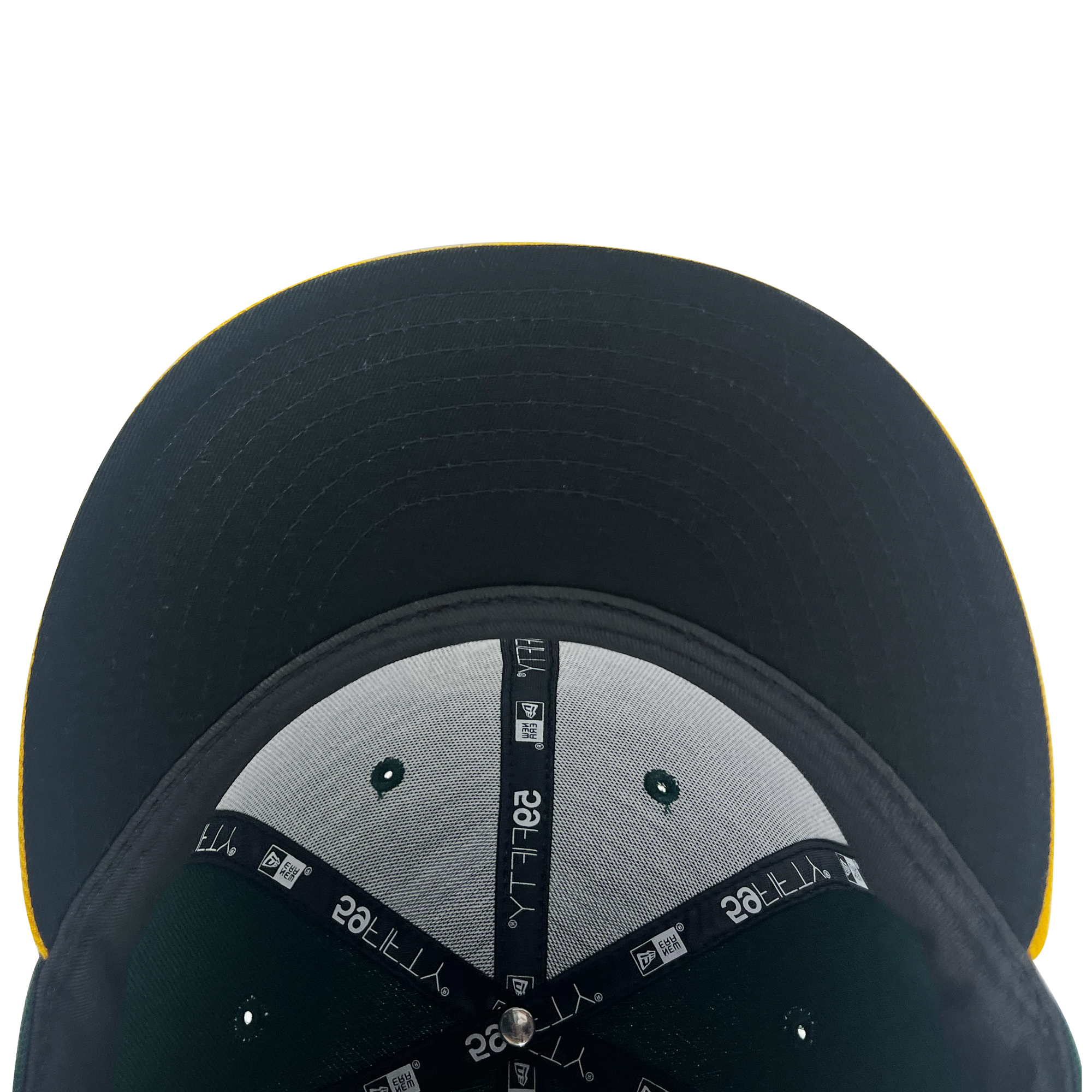 Top view of the New Era Pericos Home 59FIFTY Cap by Retail Vendors shows a black cap with a flat brim. The interior has a grey and black pattern, multiple stitched panels, and New Era branding on the inside band around the crown. Four green ventilation eyelets are visible inside this fitted hat.