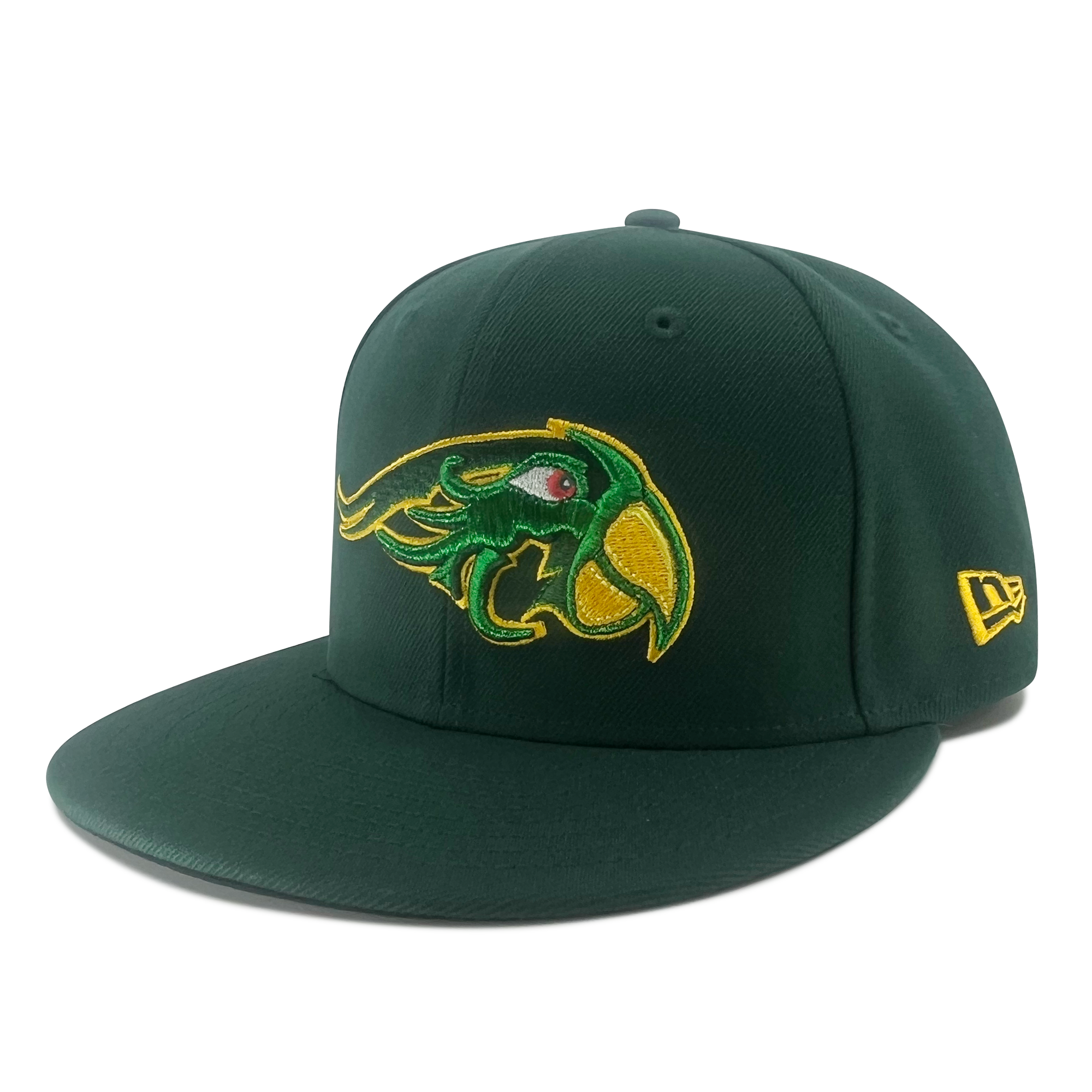 The New Era Pericos 59FIFTY Cap by Retail Vendors is a green baseball cap that features an embroidered image of a green parrot with a yellow beak and red eye on the front panel. This fitted cap has a flat brim and includes a yellow New Era logo stitched on the left side, all set against a plain white background.
