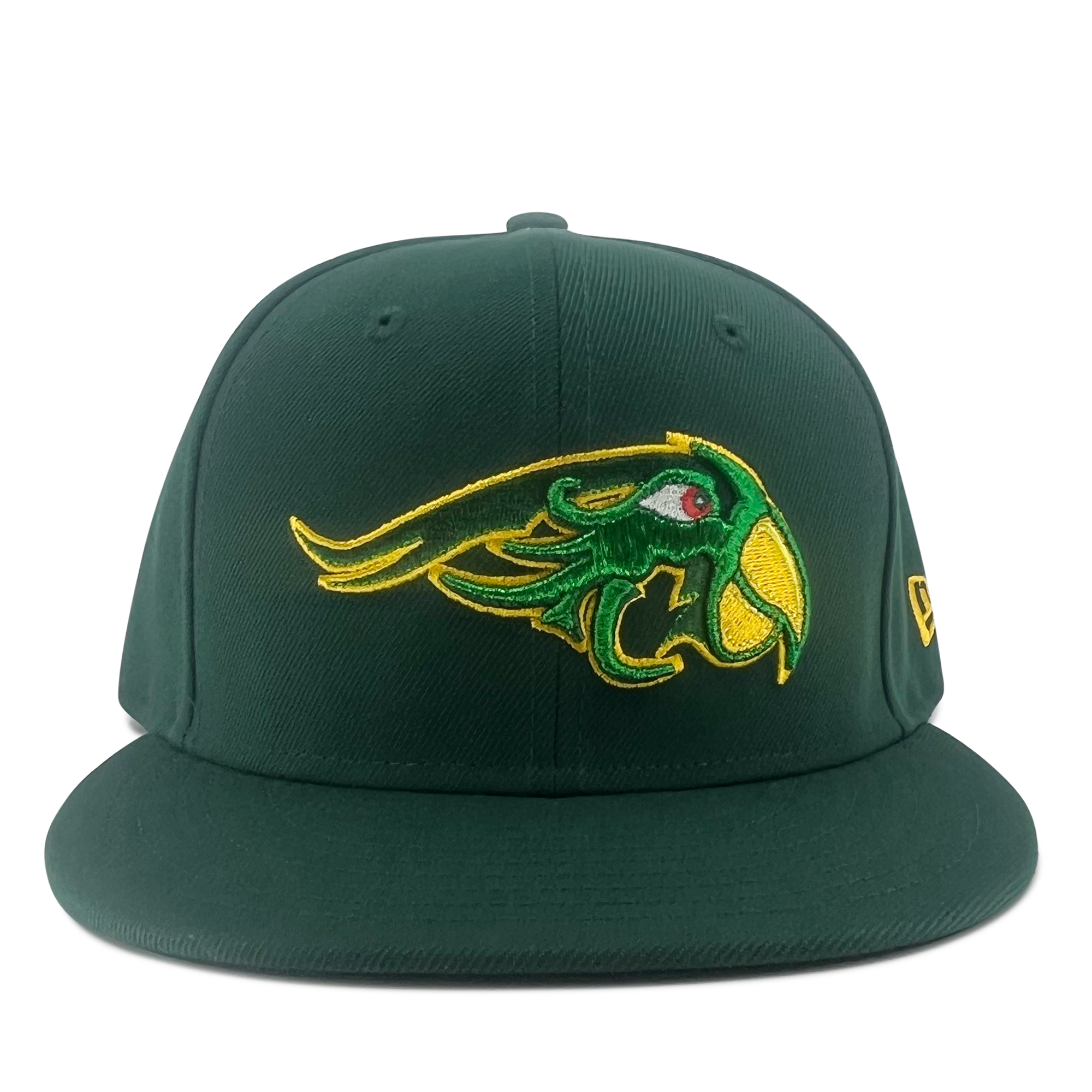 The New Era Pericos 59FIFTY Cap by Retail Vendors is a green fitted cap showcasing a large embroidered logo of a stylized bird's head in yellow and green on the front. The bird sports a pronounced beak and fierce expression. This cap includes a flat brim and features a small yellow logo on the left side. The background is plain white.