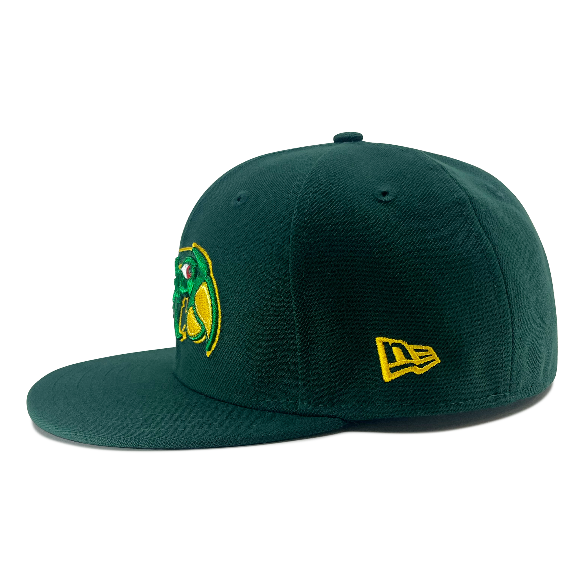 Left side view of forest green 59fifty fitted hat with New Era flag logo on wearer's left side.