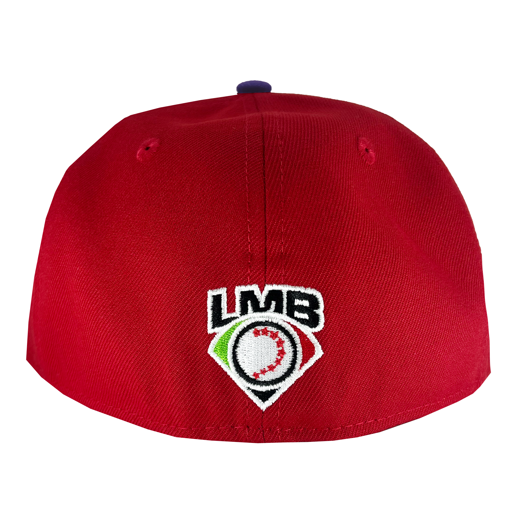 Back view of red New Era 59fifty fitted hat with LMB embroidered logo.