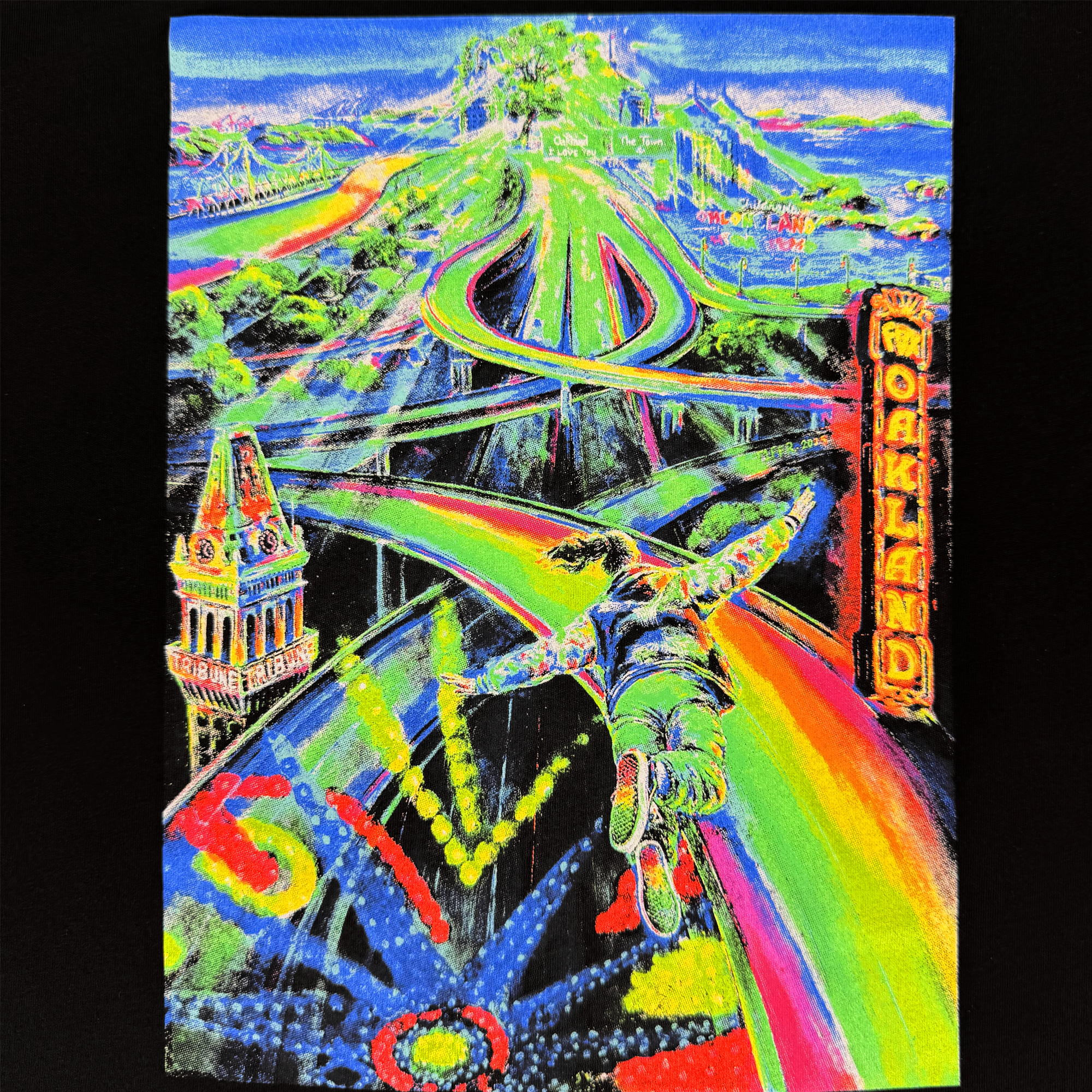 A person in vibrant clothes surfs a rainbow road above surreal Oakland landmarks and green hills, under a vivid sky, celebrating collective healing—an image inspired by the muralist-painted Yay Area Tee from Oaklandish.