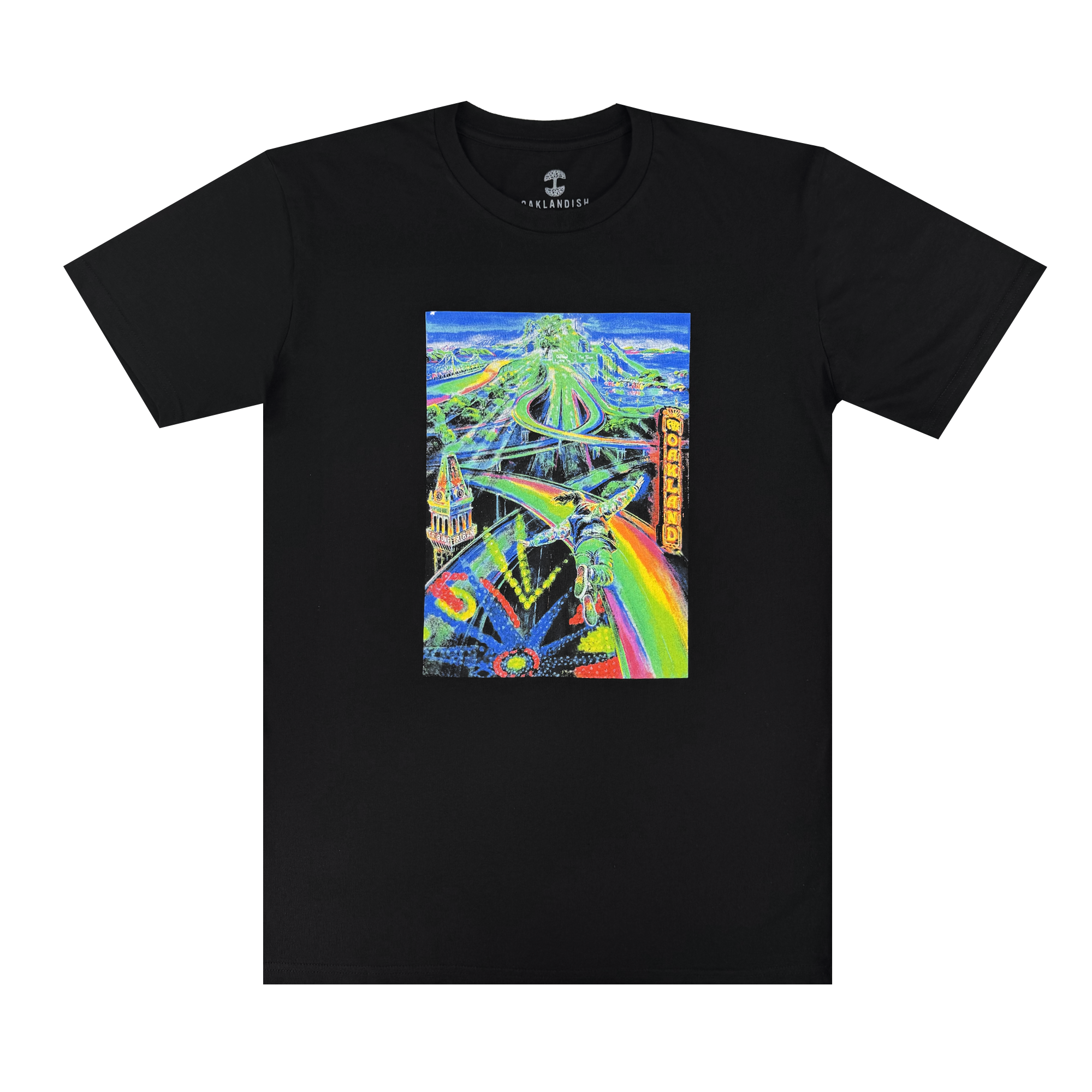 The Yay Area Tee by Oaklandish is a black T-shirt featuring a vibrant, abstract Oakland cityscape with neon highways and a rainbow road, designed by a local painter/muralist to evoke dynamic energy and collective healing.