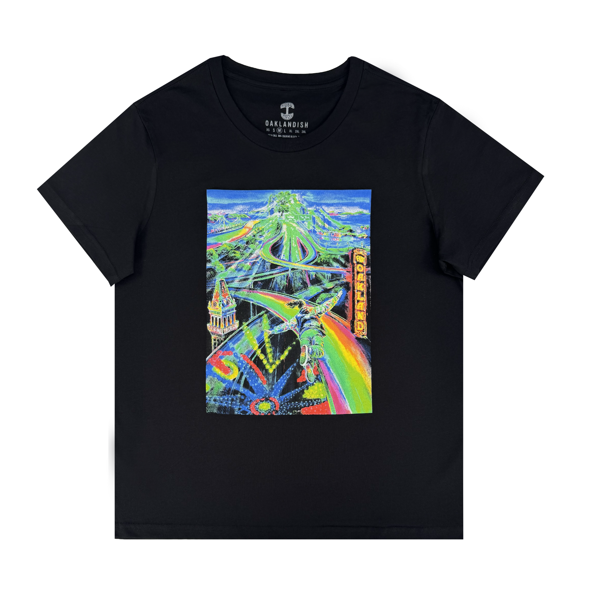 The Women's Yay Area Tee by Oaklandish features a vibrant graphic of an abstract Oakland cityscape with winding highways, a tower, neon colors, and “OAKLAND” in yellow vertically on the right side.