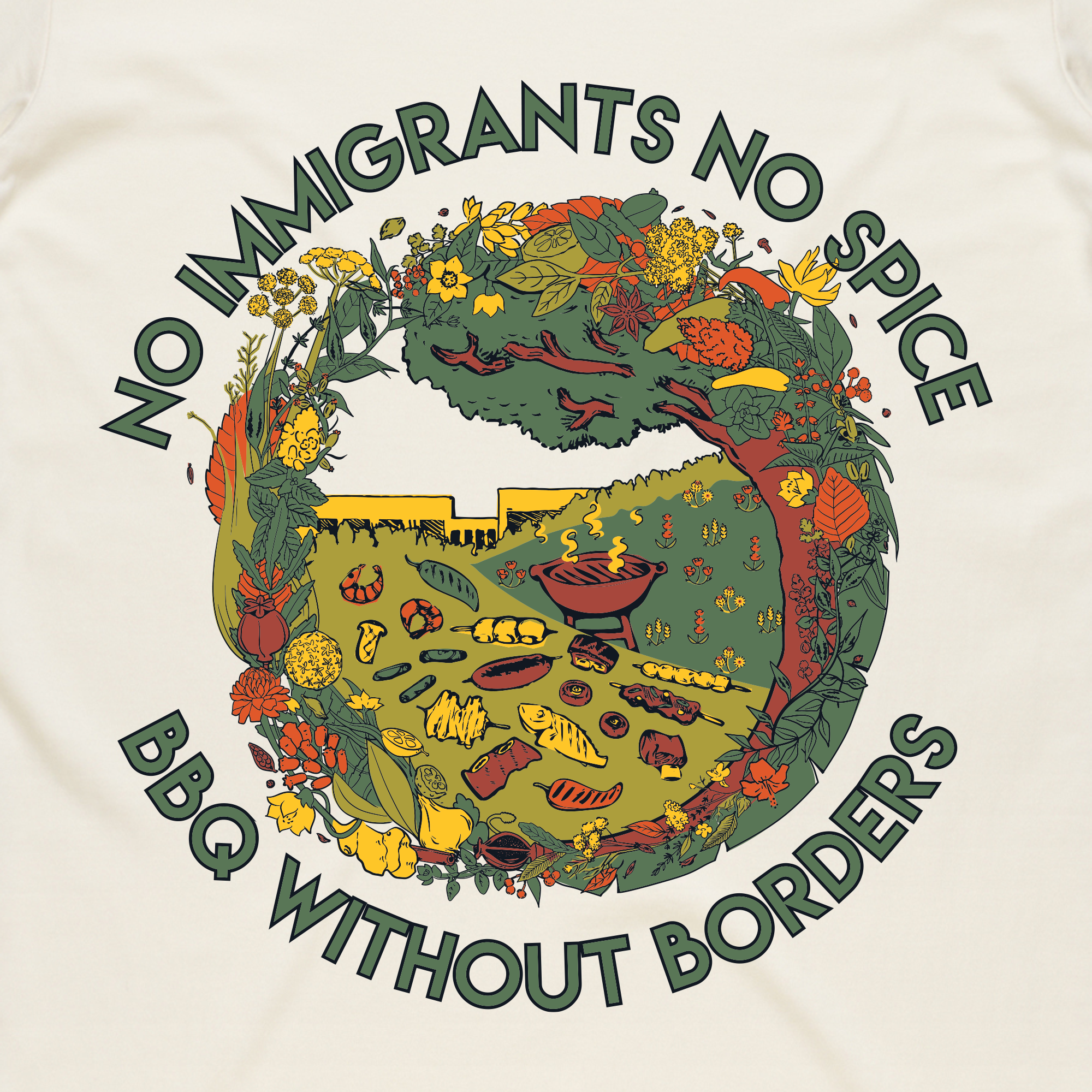The Oaklandish NINS Spice Bloom Tee features a circular design of colorful veggies, herbs, and chili peppers around a yellow wall and BBQ feast, with the message “No Immigrants No Spice BBQ Without Borders,” honoring diverse cuisine.