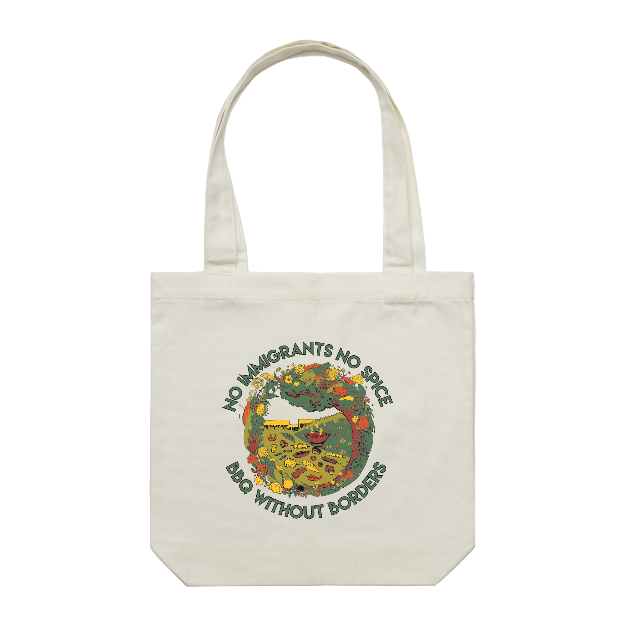 The Oaklandish NINS Spice Bloom Tote is a cream tote bag with two handles, featuring a vibrant floral design and yellow bird. Surrounding the art is bold text: "No Immigrants No Spice Bag Without Borders.
