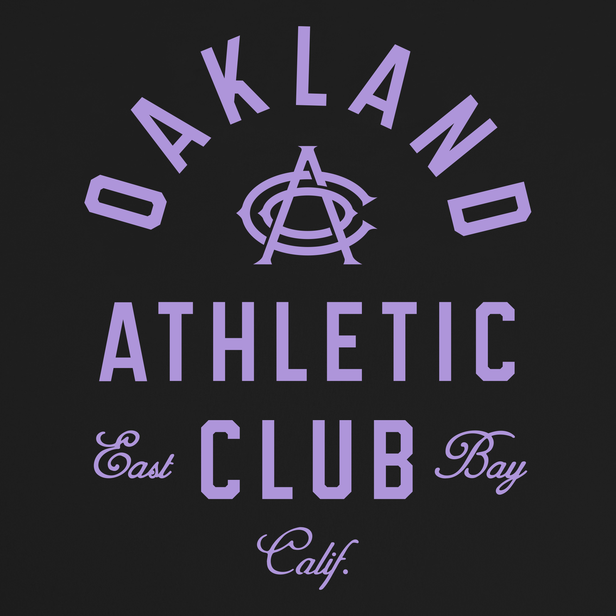 Purple text reading “OAKLAND ATHLETIC CLUB” appears on a black background, featuring a stylized “AC” logo. The phrase “East Bay” is written in cursive on either side of “CLUB,” and “Calif.” is displayed at the bottom in cursive. The OAC Tee by OAC is a classic fit t-shirt made from heavy-weight cotton, celebrating the iconic style of the Oakland Athletic Club.