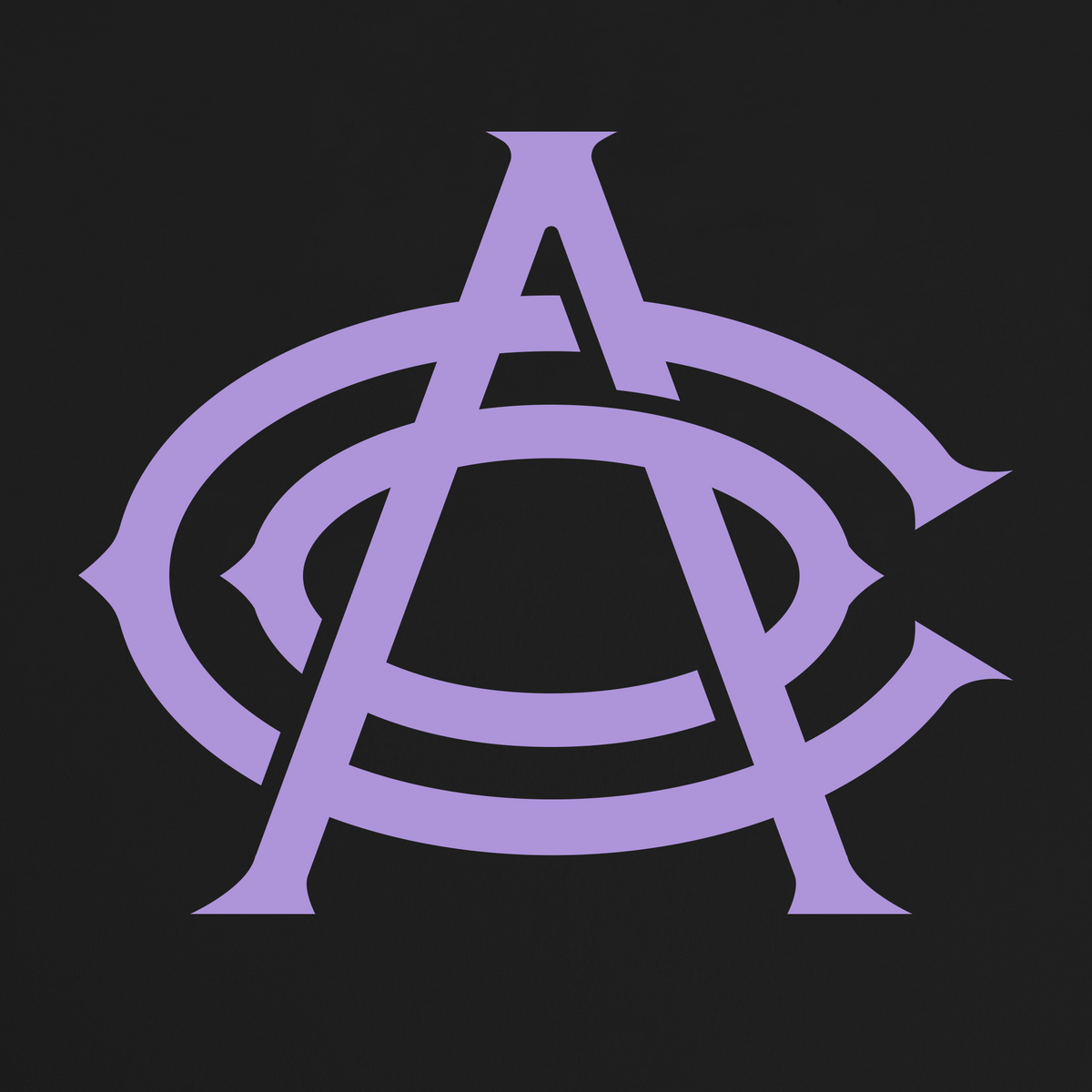 A bold, purple overlapping “A” and two “C”s form a stylized monogram on a solid black background, capturing the spirit of the Oakland Athletic Club. The centered “A” is partially encircled by two “C”s—one facing left and the other right—creating a modern, symmetrical design that stands out on the OAC Tee by OAC. This classic fit t-shirt is crafted from heavyweight cotton for lasting comfort and style.