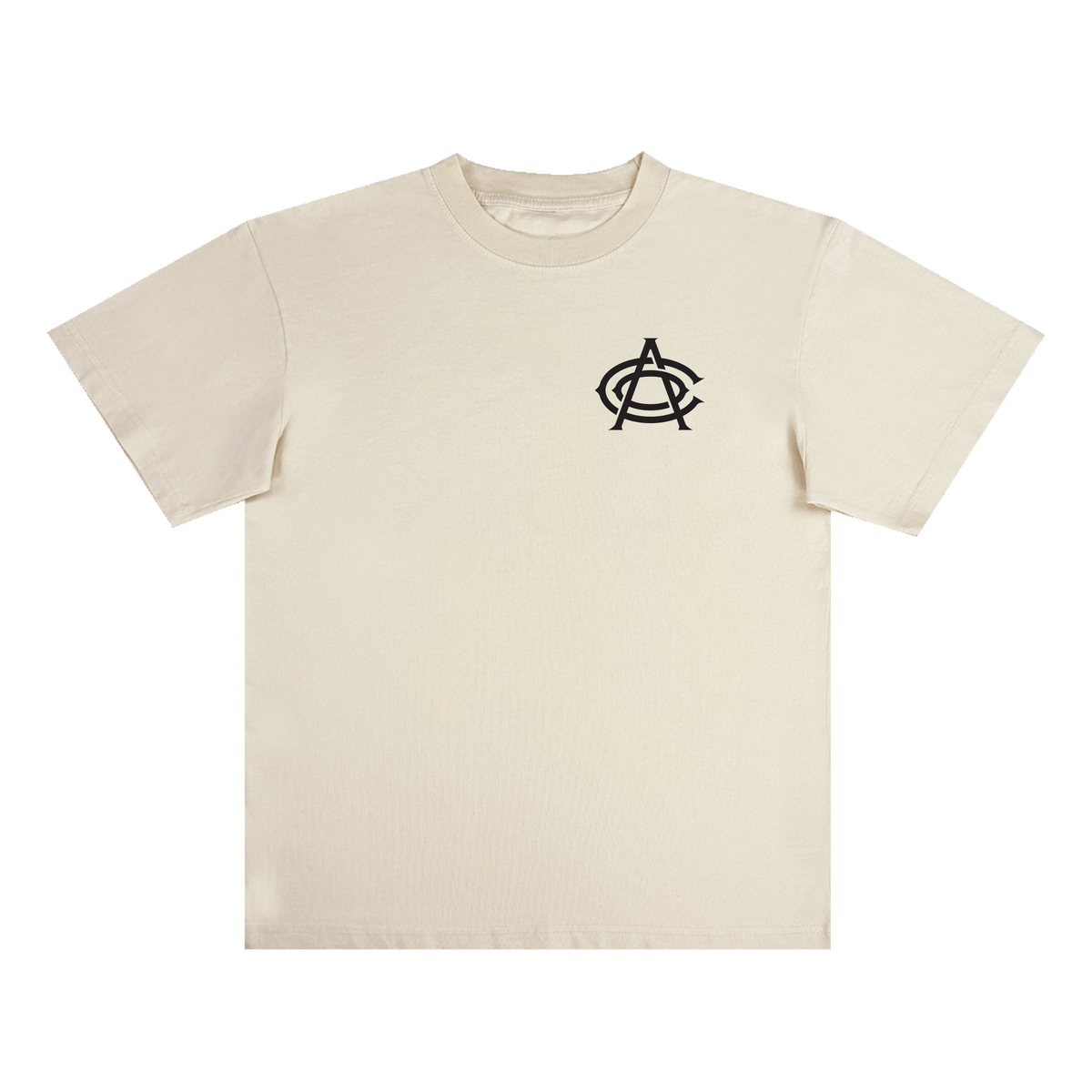 The OAC Tee by OAC is a cream-colored short-sleeve t-shirt displayed on a white background. It features a small black overlapping “A” and “C” logo on the left chest—a subtle reference to the Oakland Athletic Club. Made from heavy-weight cotton, this classic fit tee offers a crew neck and a boxy, relaxed silhouette. No other designs or text are present.