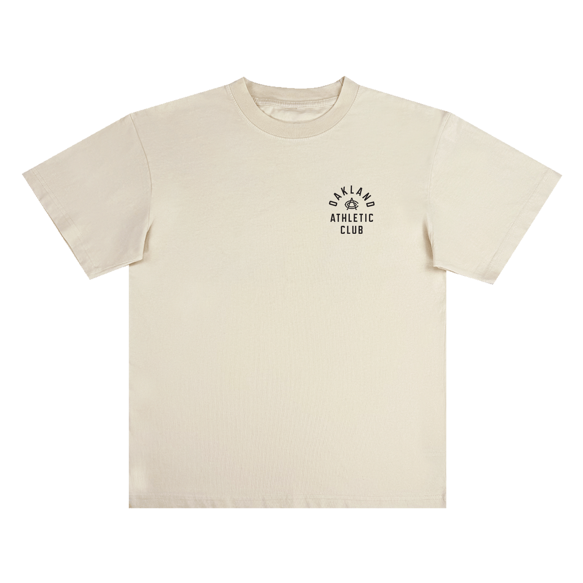 The Prestigious Tee by OAC is a classic fit, heavy-weight cotton t-shirt in plain off-white. It features “OAKLAND ATHLETIC CLUB” printed in black alongside a small laurel wreath graphic on the left chest. The shirt is displayed flat against a white background.