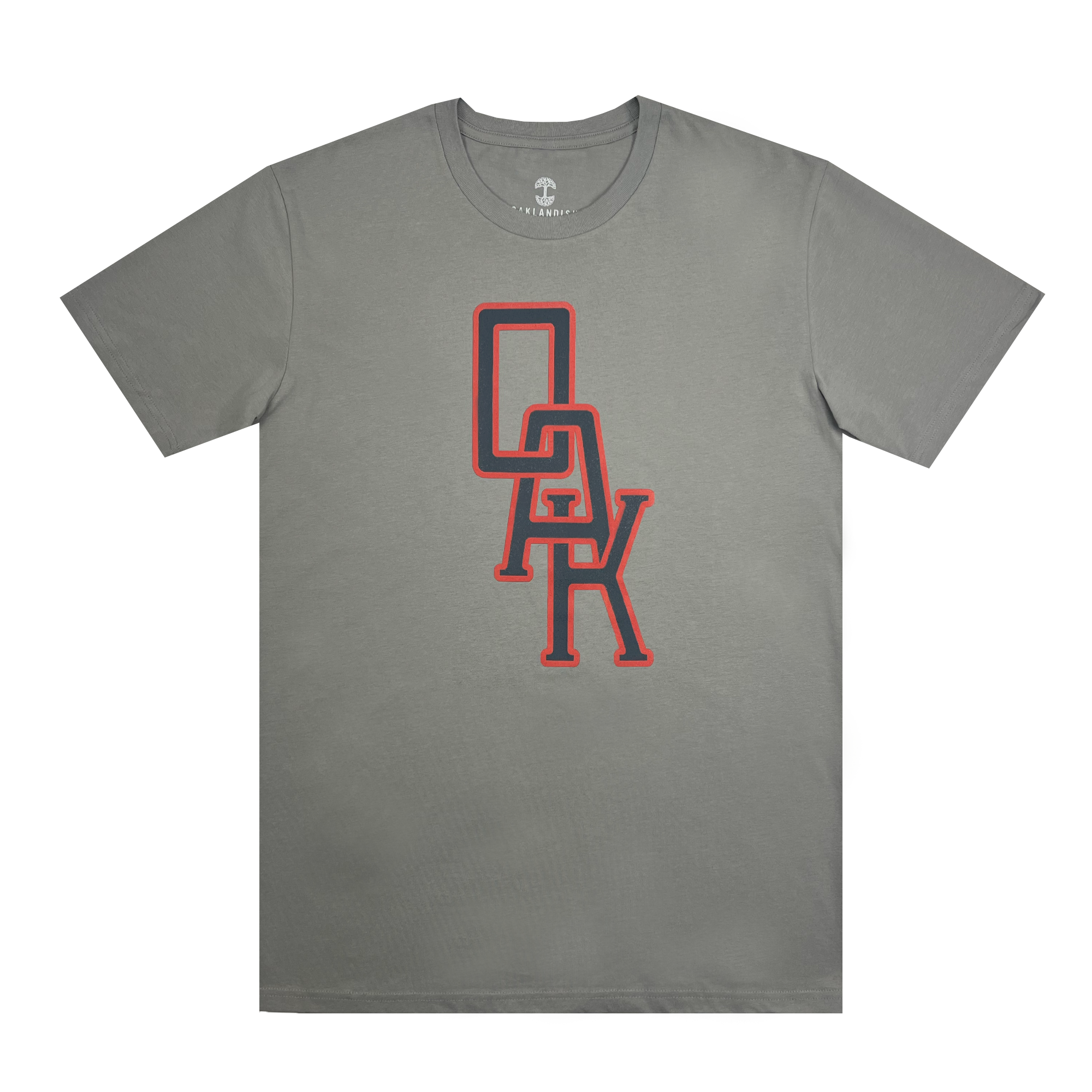 The OAK Monogram Tee by Oaklandish is a grey t-shirt featuring a striking red and black lined graphic on the front. The letters "OAK" are stacked vertically, interlocking in a bold, layered design. This 100% cotton, classic fit t-shirt comes with a round neckline and short sleeves. The background is plain white.