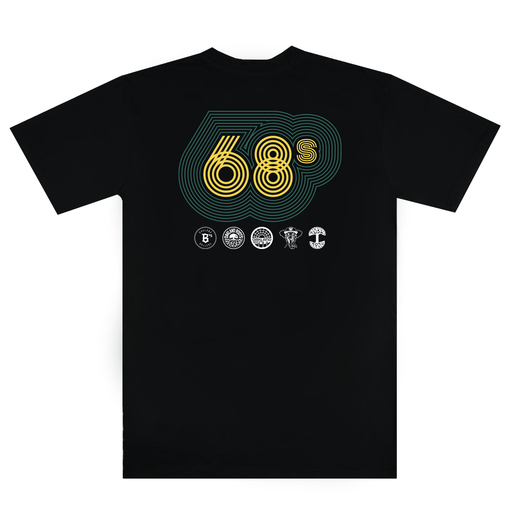 The Oaklandish '68 Tee is a black shirt with large "68s" in stylized yellow and teal text, circled in teal. It features six detailed white logos inspired by sports culture, paying homage to Oakland's vibrant history and civil rights legacy.