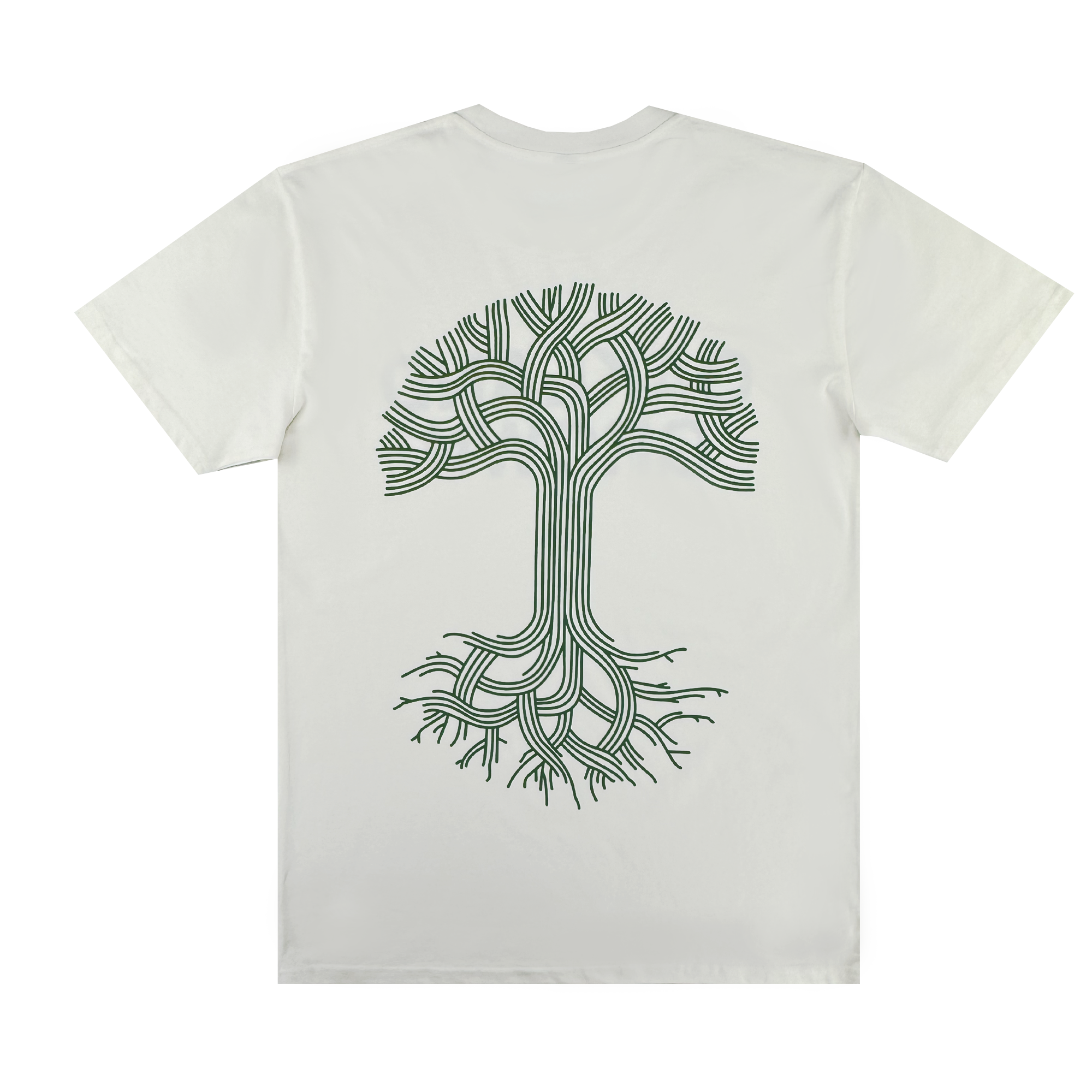 The Oaklandish Oakland Grown Tee is a men's classic-fit, 100% cotton shirt featuring a green stylized tree with interwoven branches and roots in an intricate, symmetrical design on the back. No other designs or text are visible.
