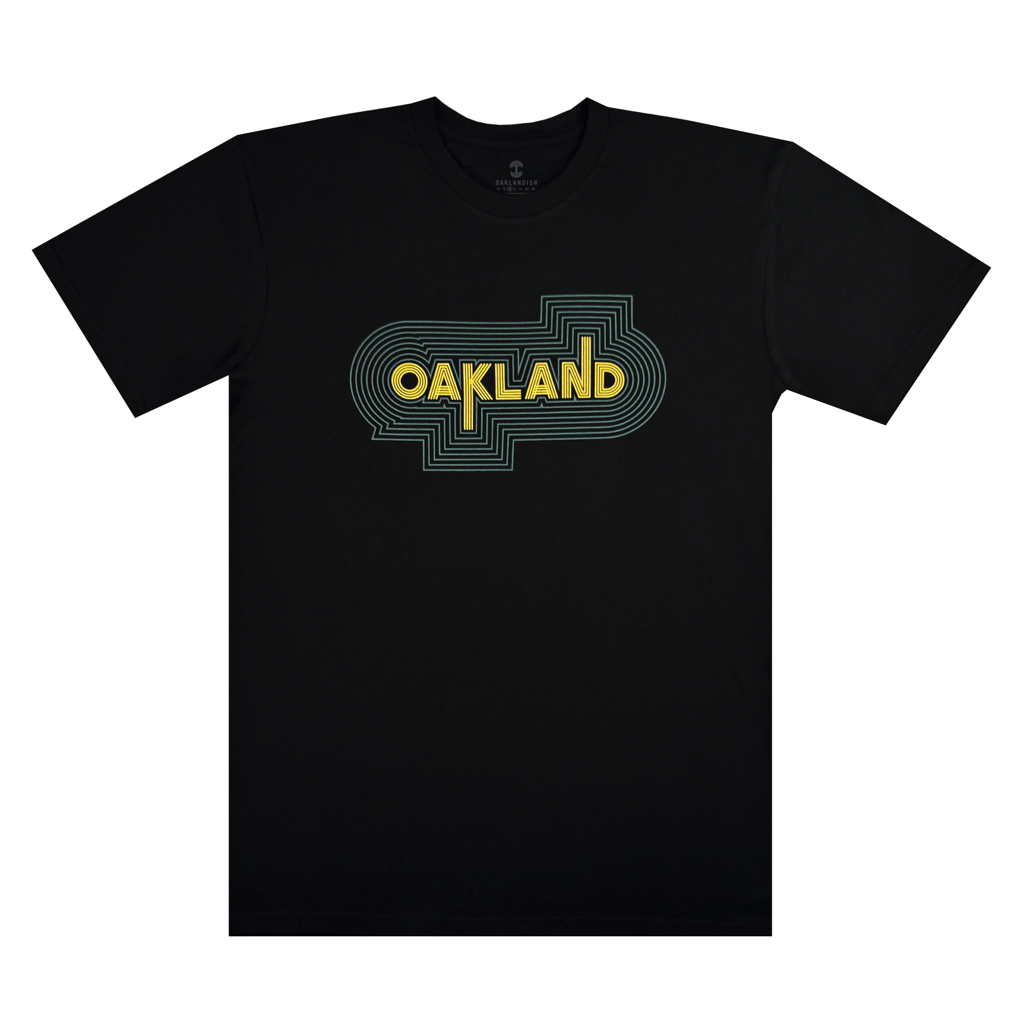 The Oaklandish "Oakland Sports Culture '68 Tee" is a black T-shirt with a yellow "Oakland" in stylized text reminiscent of the classic '68 sports era, framed by concentric blue-green lines forming a rounded rectangle on the chest.
