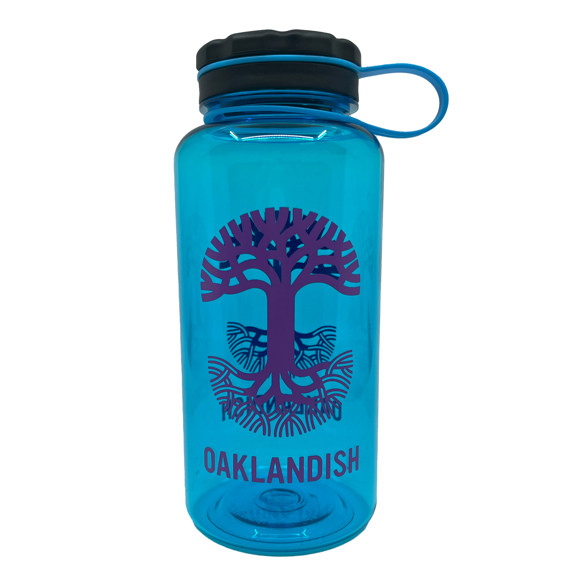 The Oaklandish Swig Bottle is a stylish blue reusable water bottle featuring a black screw cap and a blue loop handle. This BPA-free drinkware is adorned with a purple graphic of an intricately rooted tree and branches, accompanied by the word "OAKLANDISH" in matching purple text below the design, ensuring fashionable hydration on the go.