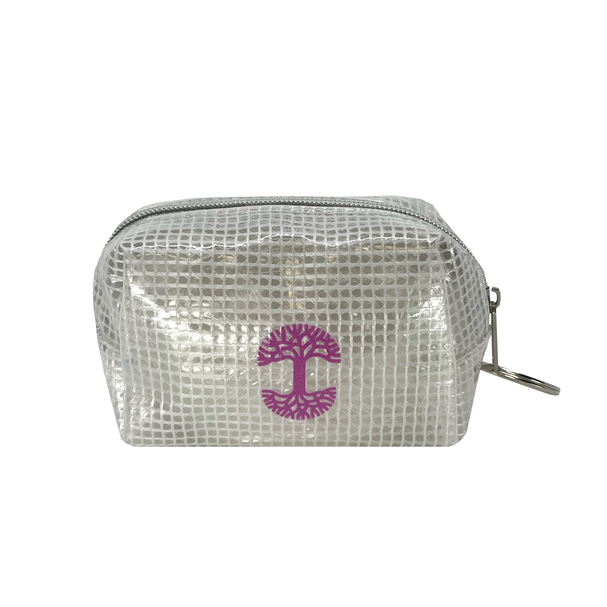 Alternate side of a clear plastic zippered travel pouch with a pink Oaklandish tree logo.