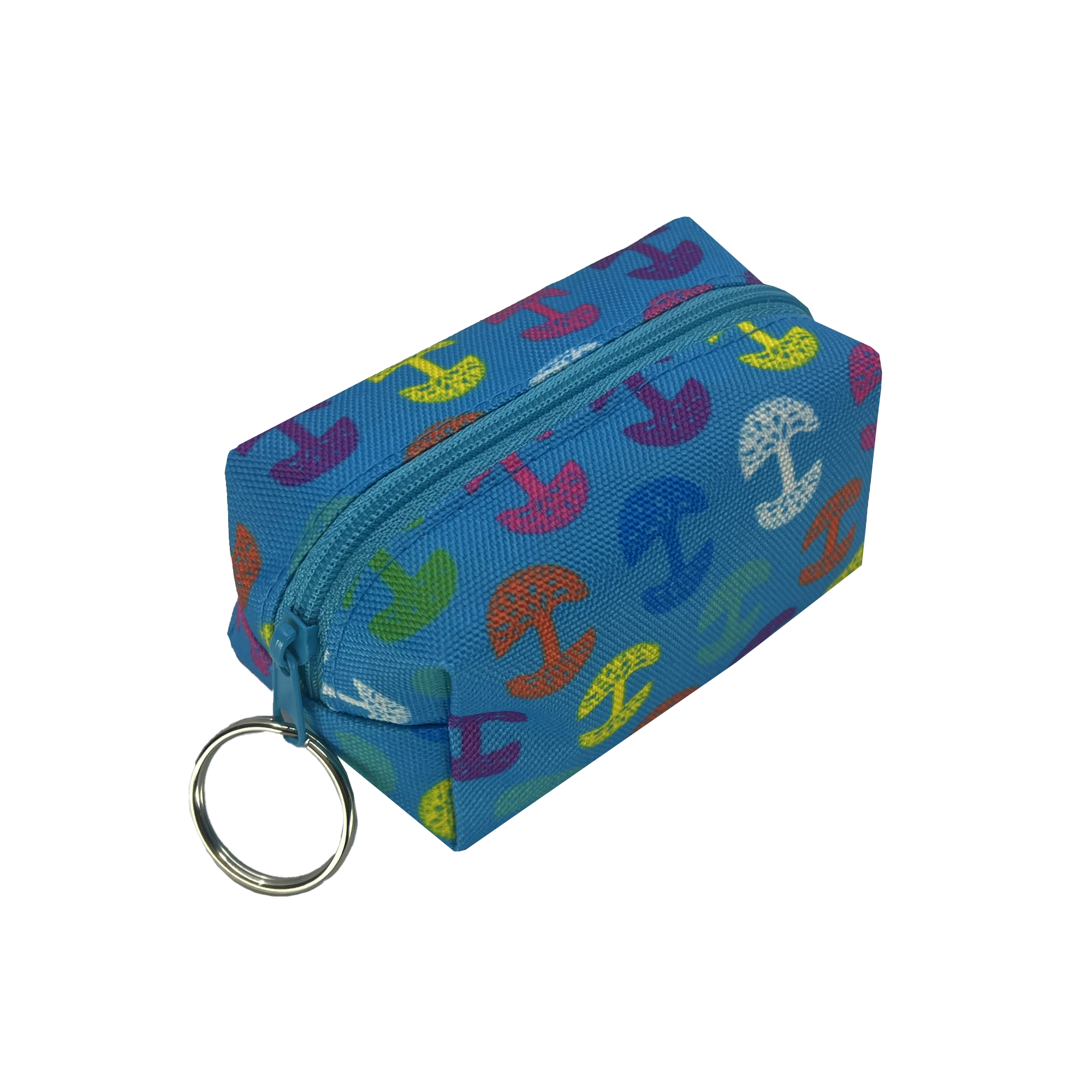 The Oaklandish Repeat Tree Mini Dopp by Oaklandish is a small, rectangular polyester keychain pouch adorned with colorful anchors in red, yellow, green, orange, and purple. This mini keychain pouch features a metal keyring attached to one end for easy attachment to keys or other items and has a top zippered compartment that is closed.