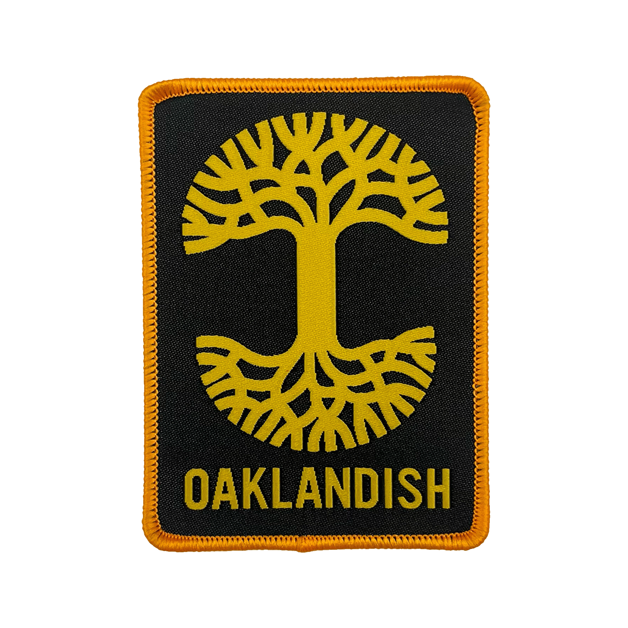 Black woven iron-on patch with gold Oaklandish tree logo and wordmark.