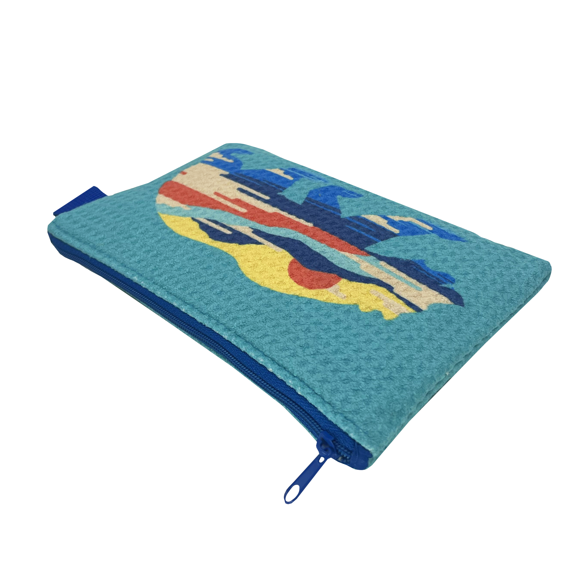 The Sunset Bear Pouch by Oaklandish is a rectangular, turquoise zip pouch that features a vibrant, abstract design on one side. Made from waffle weave fabric, it has a blue zipper extending to one side and is finished with a small blue pull tab. The striking design includes various shapes in blue, red, and beige hues.