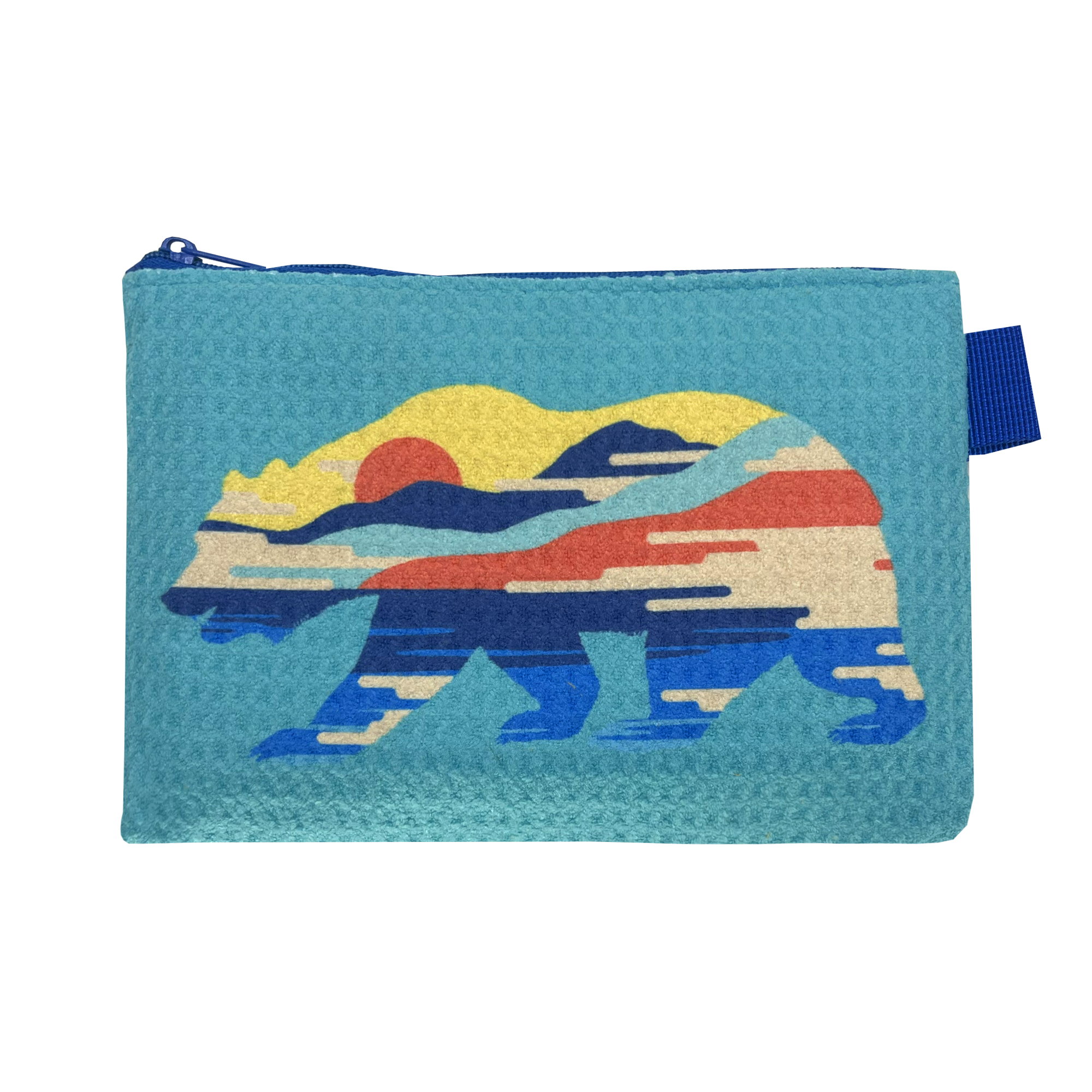 The Sunset Bear Pouch by Oaklandish is a small blue zip pouch with a top zipper, featuring a stylized California grizzly design. The bear is depicted in a colorful pattern showcasing elements of nature such as mountains, a sunset, and a forest, primarily using red, yellow, blue, and beige hues.