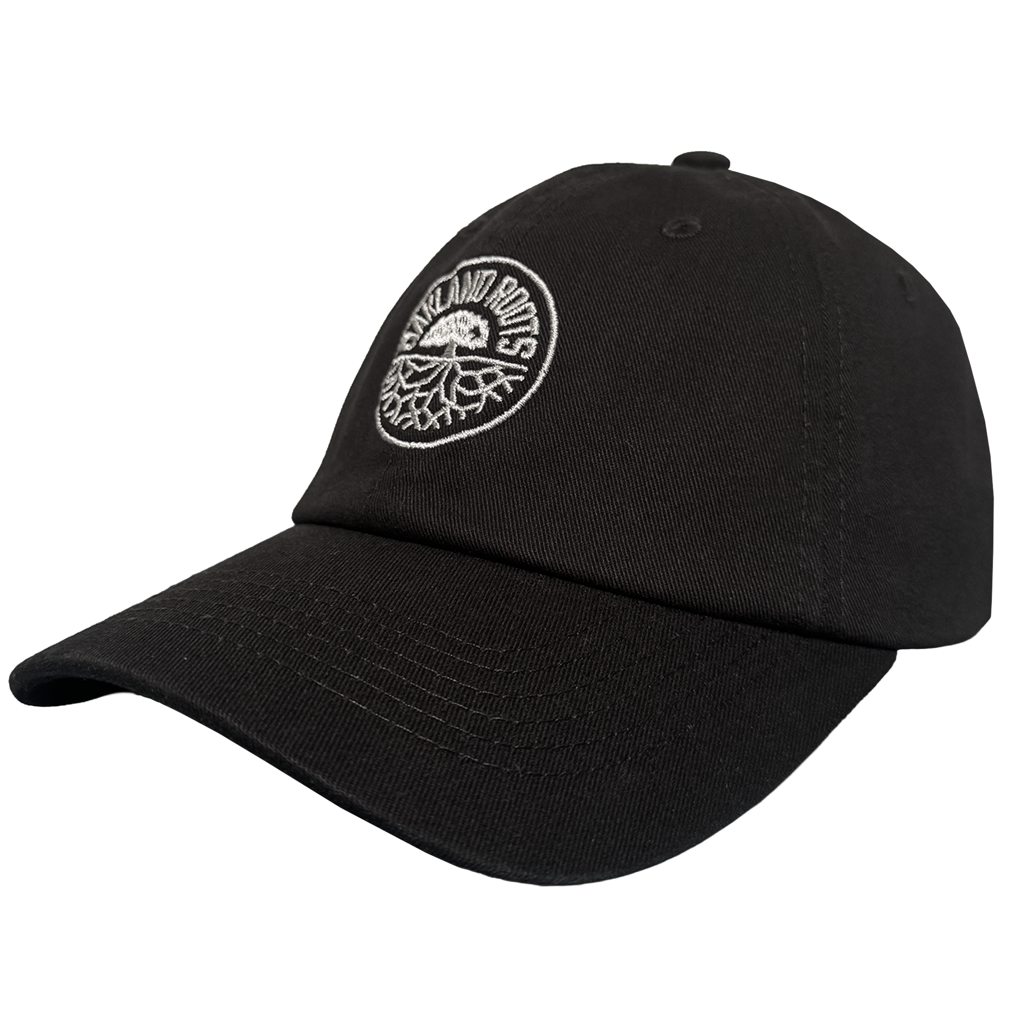 The ORSC Dad Hat by Oakland Roots SC is a black cap with a curved brim and an embroidered white circular "OAKLAND ROOTS" logo above a stylized tree, ideal for fans. Displayed on a plain, light background.