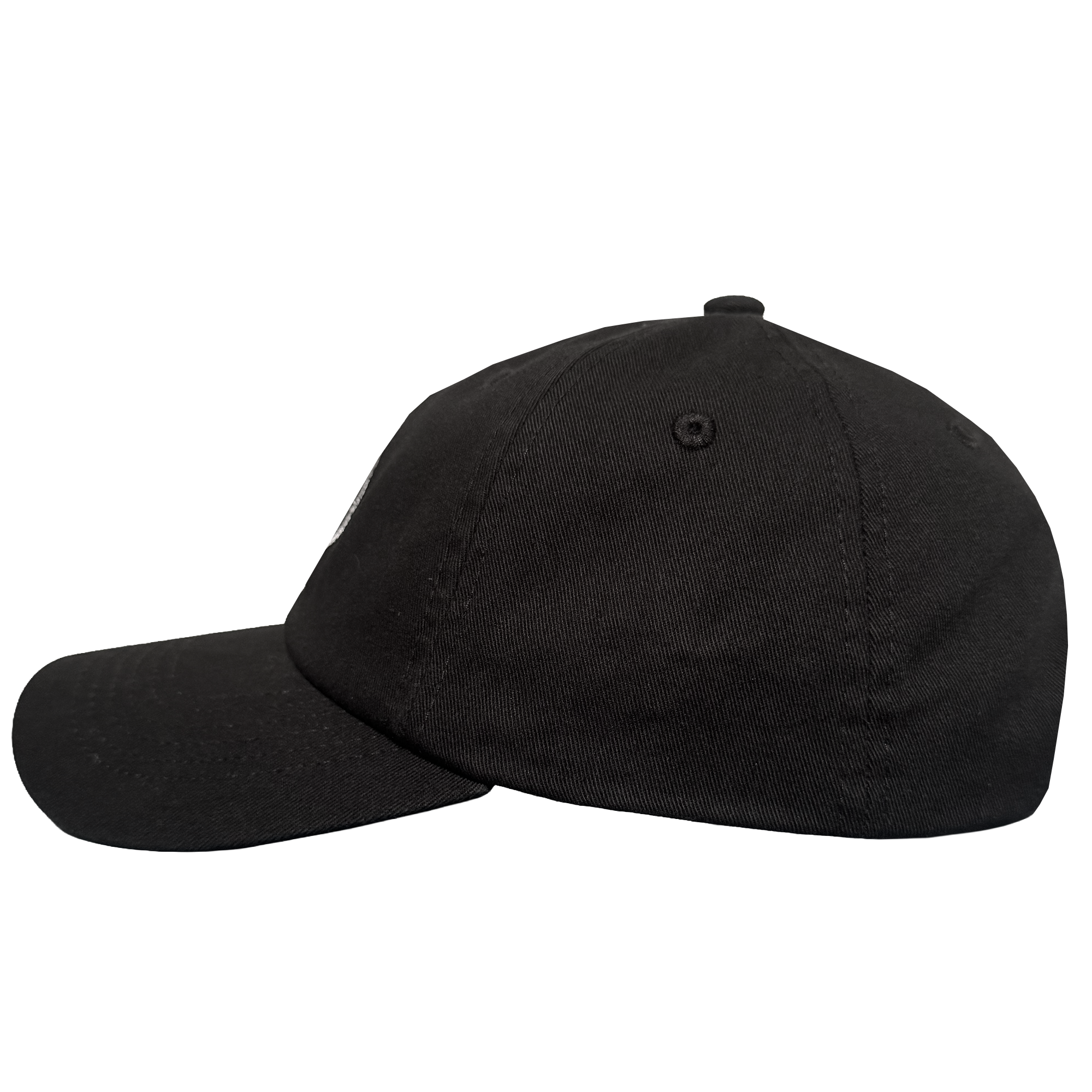 The ORSC Dad Hat by Oakland Roots SC is pictured in a side view against a light gray background. This plain black cap features a curved brim, visible stitching, and a top button, with no logos or designs shown.