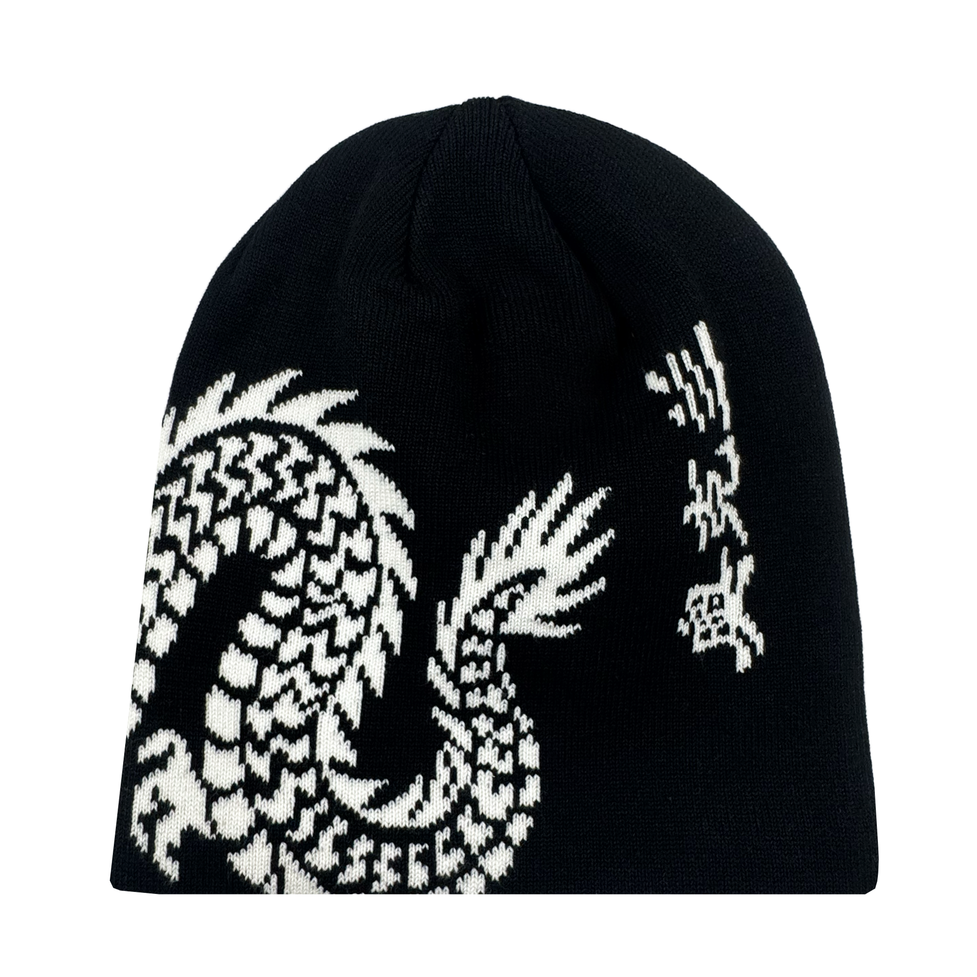 The ORSC Dragon Skully by Oakland Roots SC is a black knit beanie with a white, pixelated dragon graphic wrapping around one side, featuring its head and claw at the top right and its scaled body along the bottom.