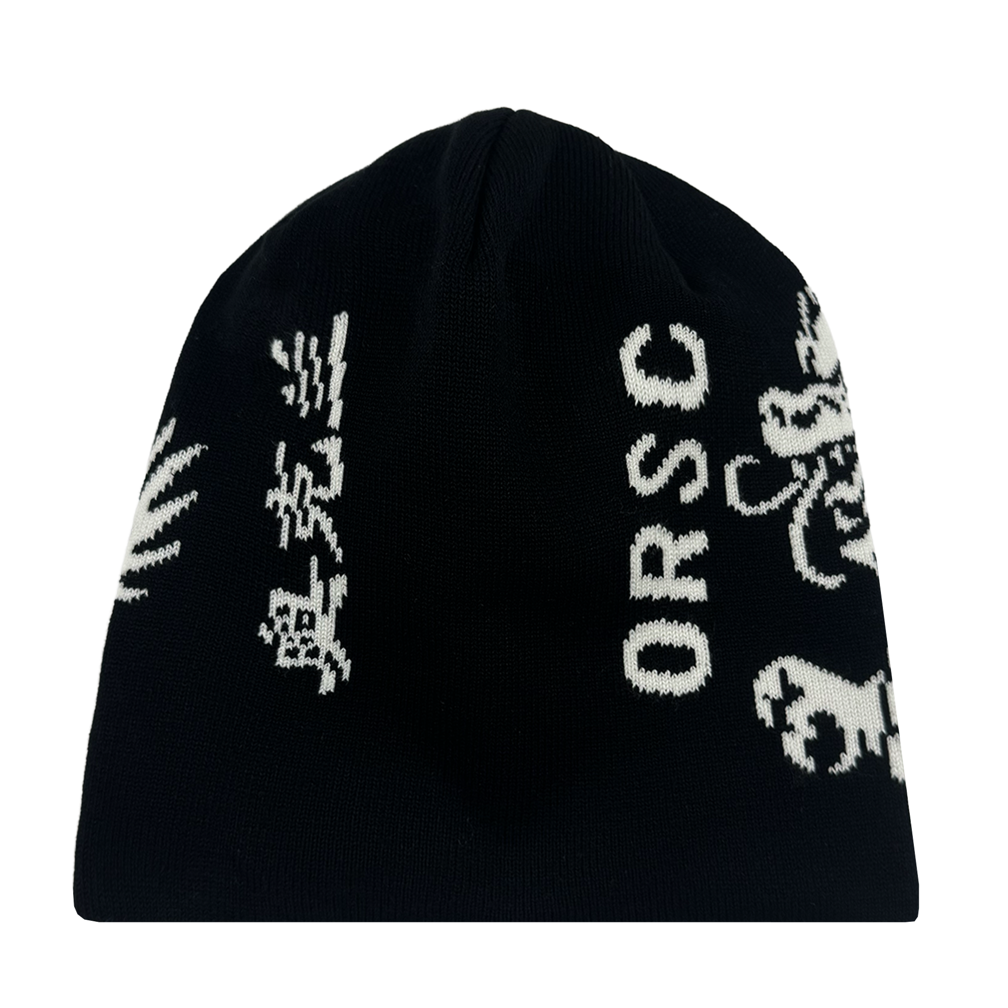 The ORSC Dragon Skully by Oakland Roots SC is a black knit beanie with white graphic designs, including "ORSC" lettering, stylized Asian characters, and abstract shapes. Inspired by Roots SC & Soul, it is shown on a white background.