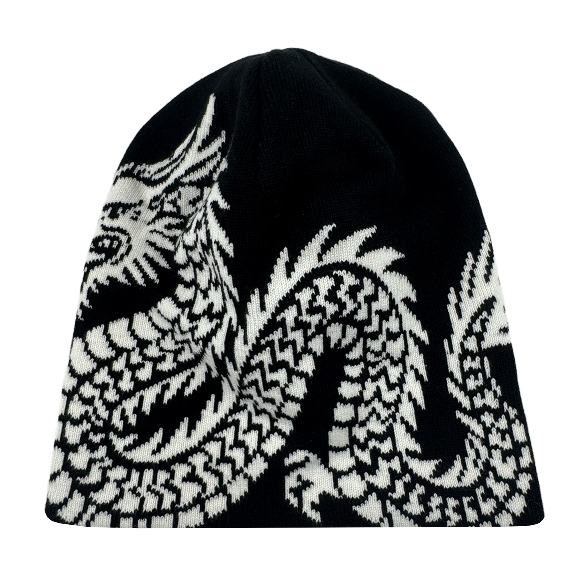 The Oakland Roots SC ORSC Dragon Skully is a black beanie featuring a bold white dragon design wrapped around the hat, with intricate details contrasting sharply against the solid background.