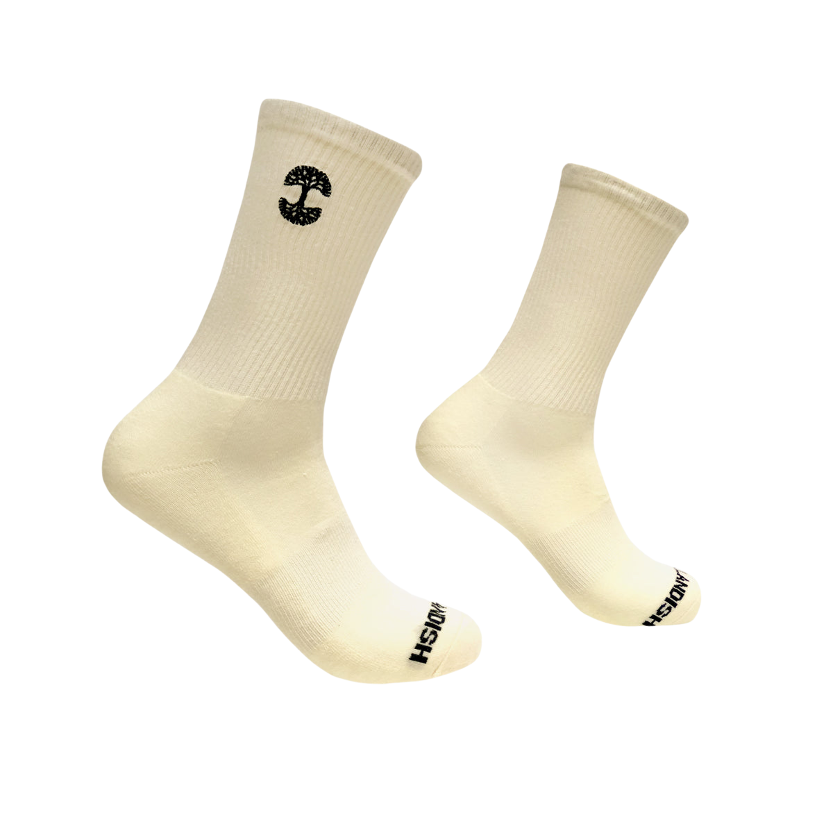 An image of Embroidered Logo Socks by Oaklandish features two white cotton crew socks floating against a plain white background. Each sock showcases a black embroidered logo near the top and has the word "INSIGNIA" printed in black on the toes. Made from ribbed material, shadows beneath the socks enhance their floating effect.
