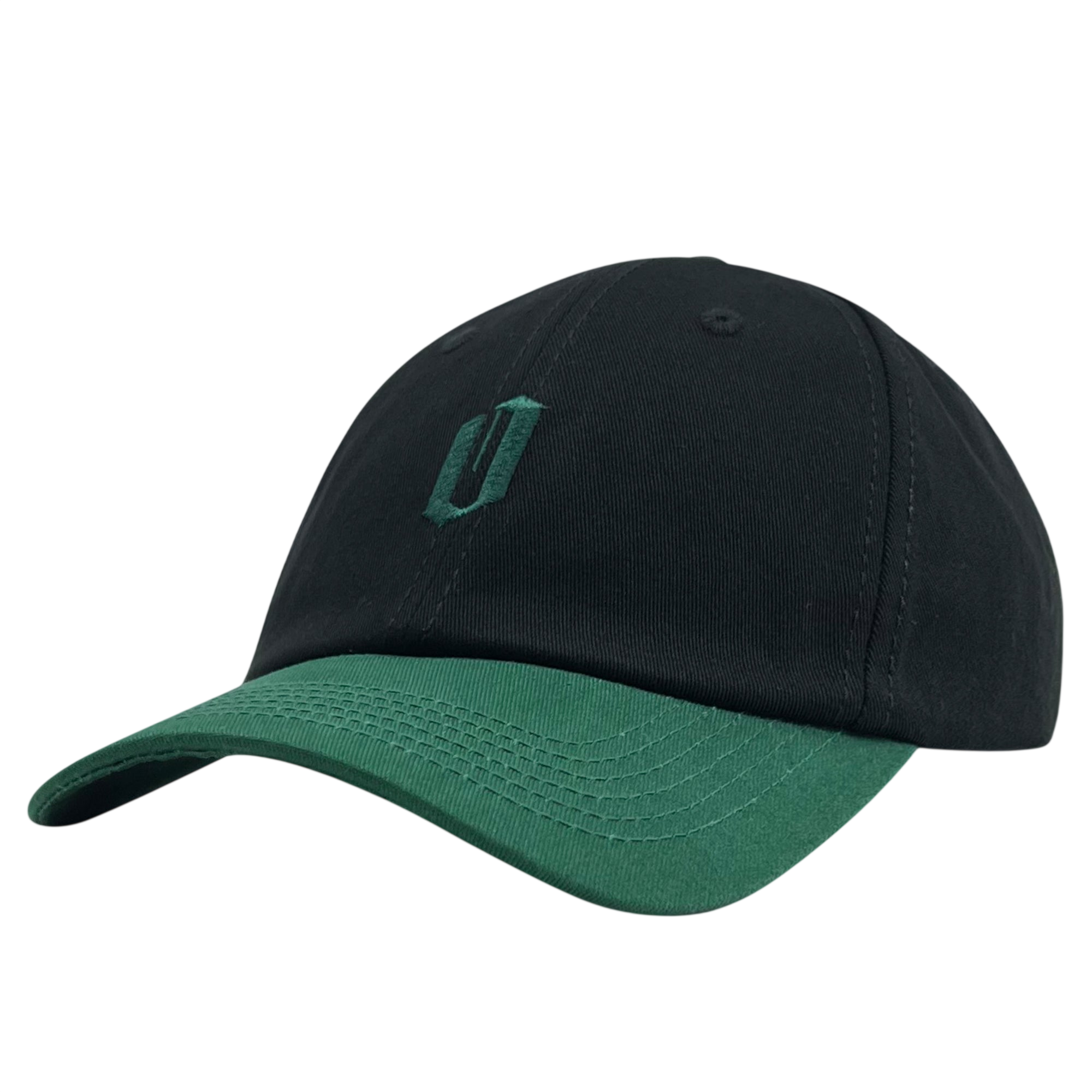 Introducing the Official Micro Logo Dad Hat by Oaklandish: a sleek black dad hat with a green visor. This cap showcases a minimalist embroidered "O" in matching green on the front, blending style with simplicity. Visible stitching on its panels and brim adds an element of detail to its overall design, making it quintessentially Oaklandish.
