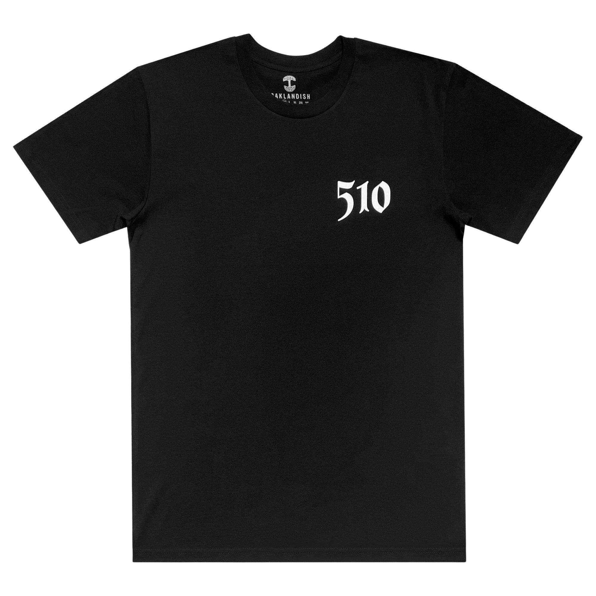A black classic fit T-shirt, known as the Sistrurus Tee, features a small, white, stylized "510" text on the left side of the chest. This 100% cotton shirt by Oaklandish has a round neck and short sleeves. The brand's logo, "Oaklandish," is visible on the inner neckline tag. The shirt is displayed flat against a light gray background.