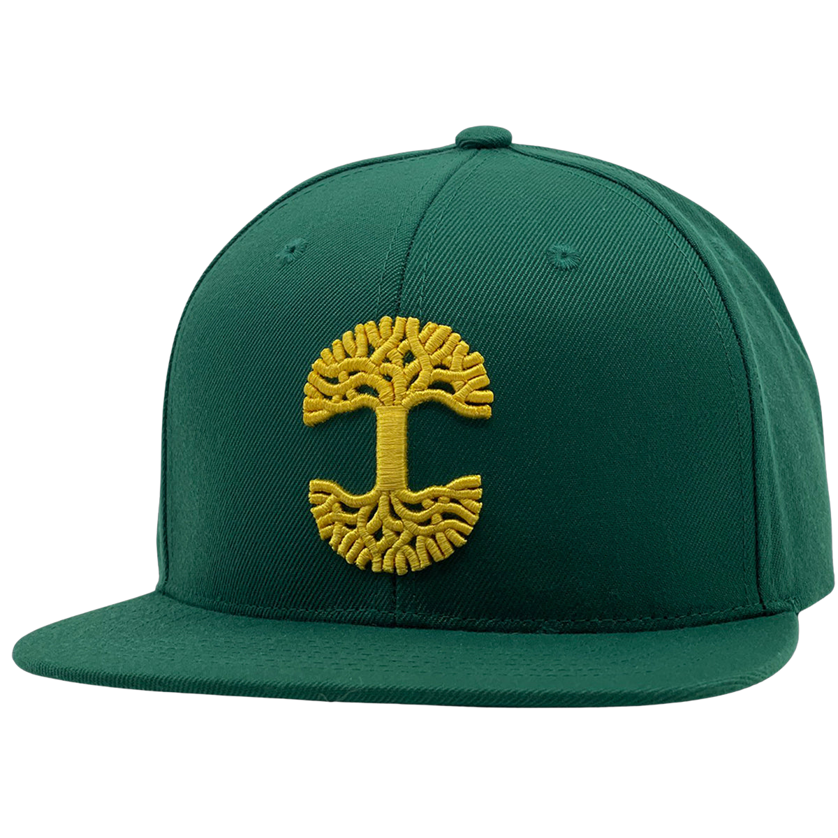 The Oaklandish Classic Snapback by Oaklandish is a dark green hat with a flat brim, featuring a prominent yellow embroidered tree emblem on the front panel. This emblem showcases a symmetrical, stylized design, while the snapback itself boasts meticulous stitching details on both the crown and brim.